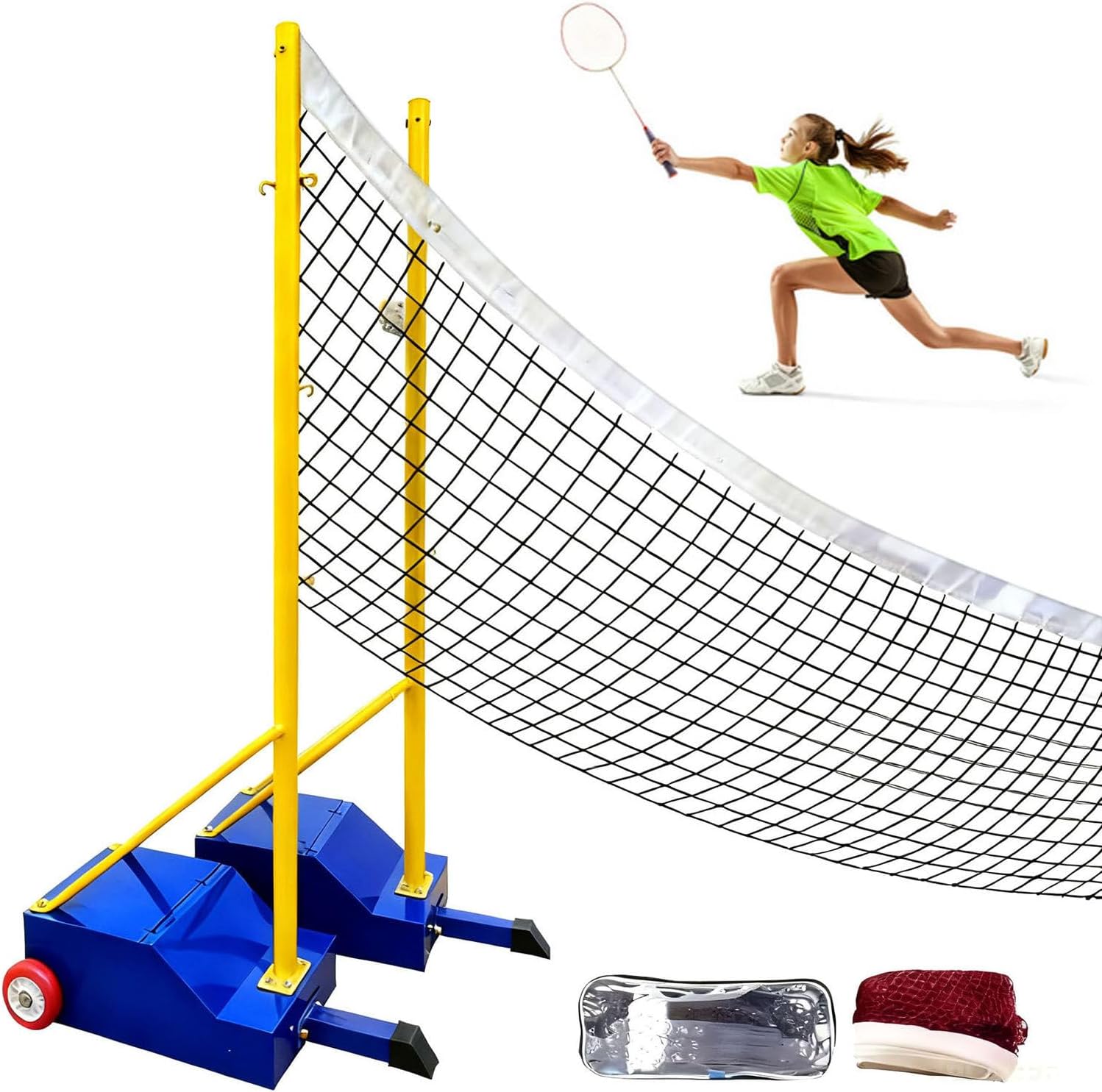 Portable Volleyball & Badminton Net Poles with Wheels, Easy Setup & Adjustable Height (5ft-6.9ft), All-Ages Backyard Sports Net for Family, Park, and Training