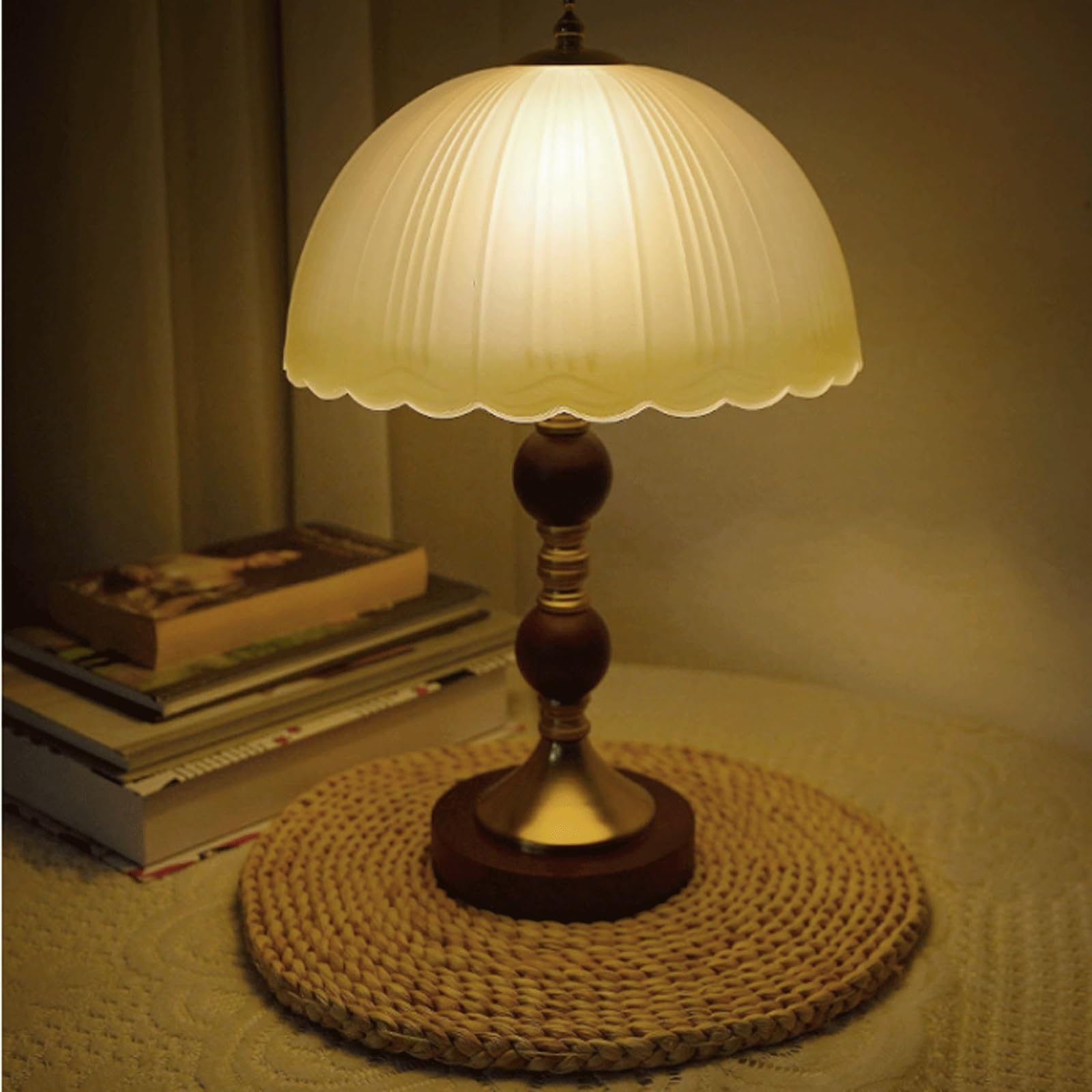 Lampa stołowa LED w stylu vintage, kreatywna lampa dekoracyjna, szklany klosz, lampki nocne do salonu, sypialni, drewniana podstawa lampa biurkowa