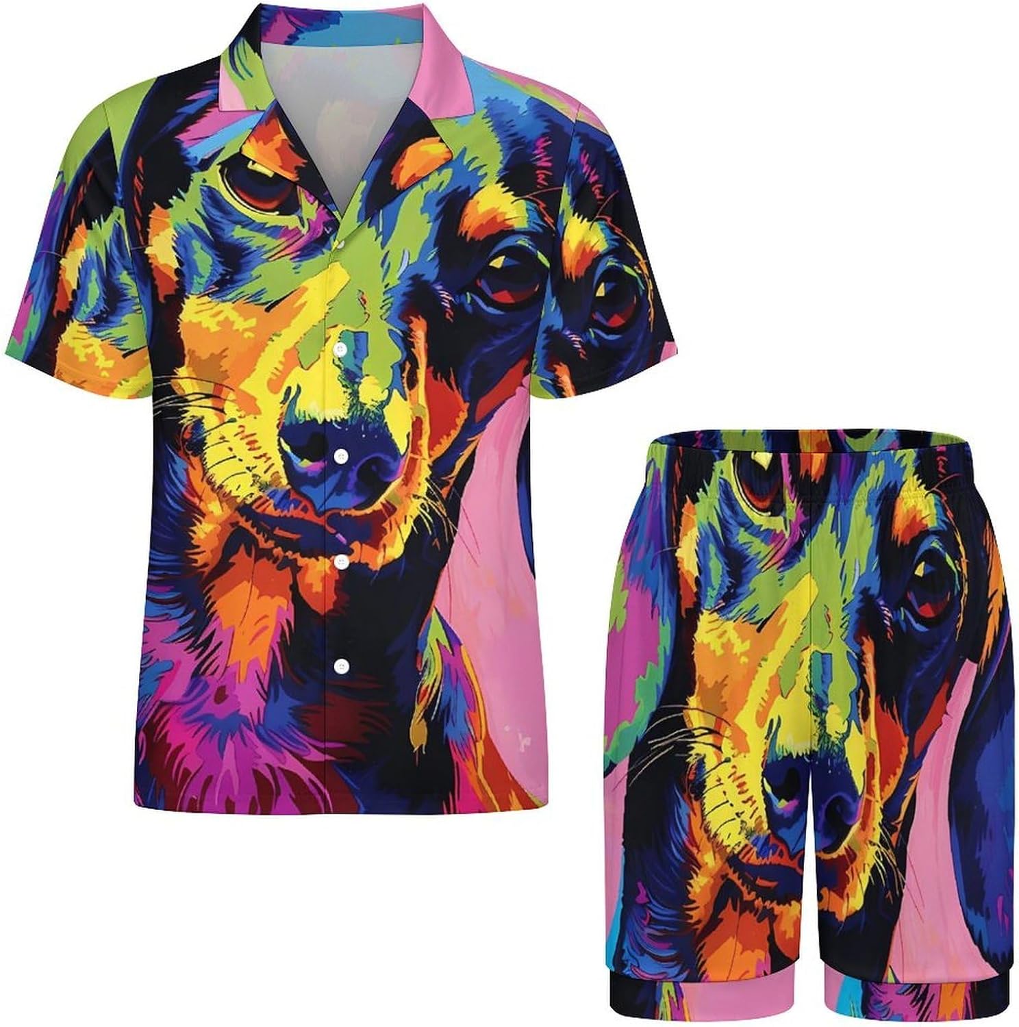 Colorful Dachshund Dog Pop Art Men's Short Sleeve Pajama Set Satin Silk Like Lounge Sleepwear