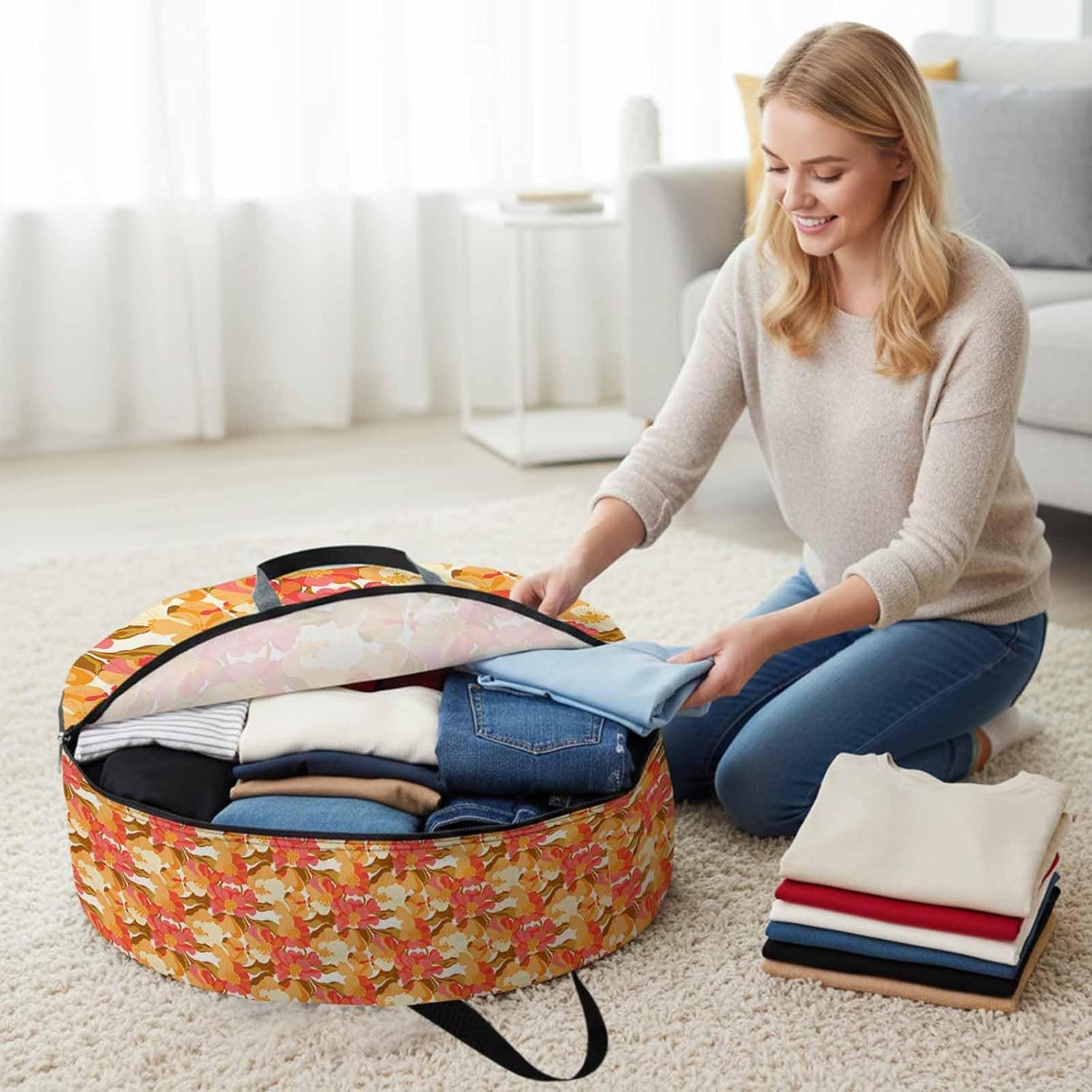Storage Bag Orange Pink Peony Flowers Round Storage Totes Bins Closet Organizers with Zippers & Handle Floral Plant Clothes Storage Container for Bedroom Dorm Space Saving Packing Supplies Moving Bags