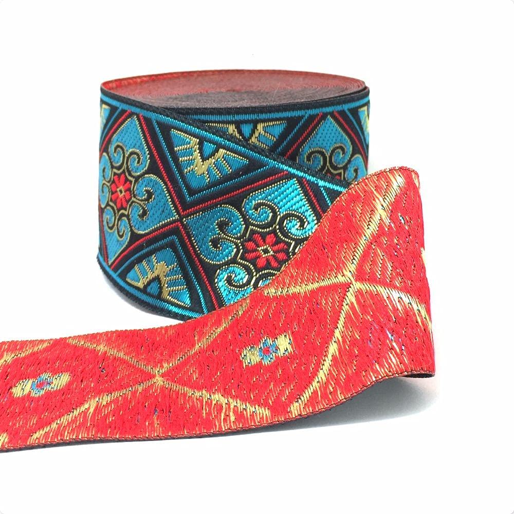 Ribbons For Gift Wrapping Ribbon For Fabric Satin Ribbons Wysokiej Jakości Tkana Wstążka Żakardowa 5 Cm 7Yards / Lot Czarne Tło Czerwone I Fioletowe Kwiaty Koronki Webbing I Wzór Pasa-Niebieski