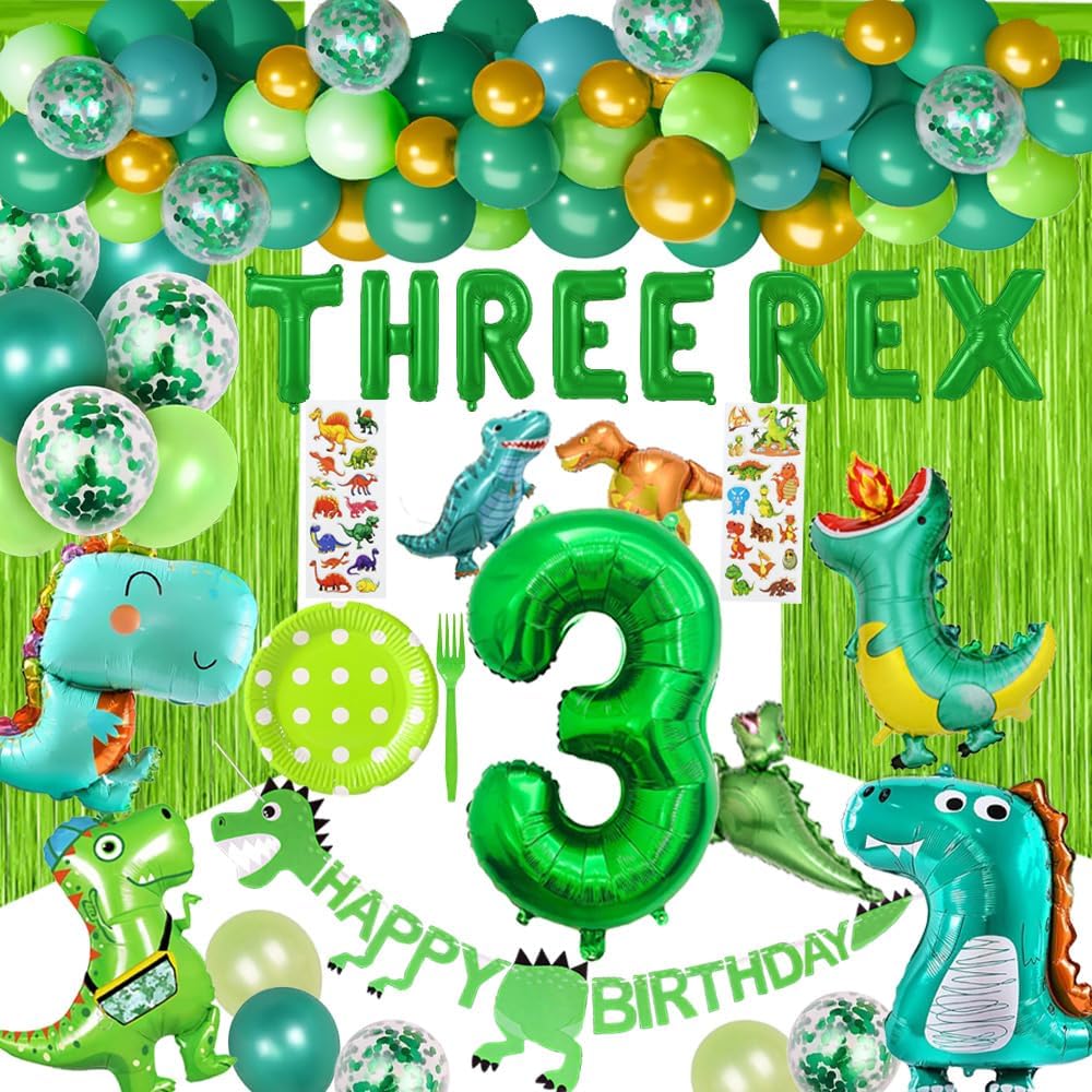 Three Rex Birthday Party Decorations, Dinosaur 3rd Birthday Party Supplies for Boys and Girls, Include 10 Serves Plates, Forks, Banner, Fringe Curtains, Three Rex Balloons, Stickers
