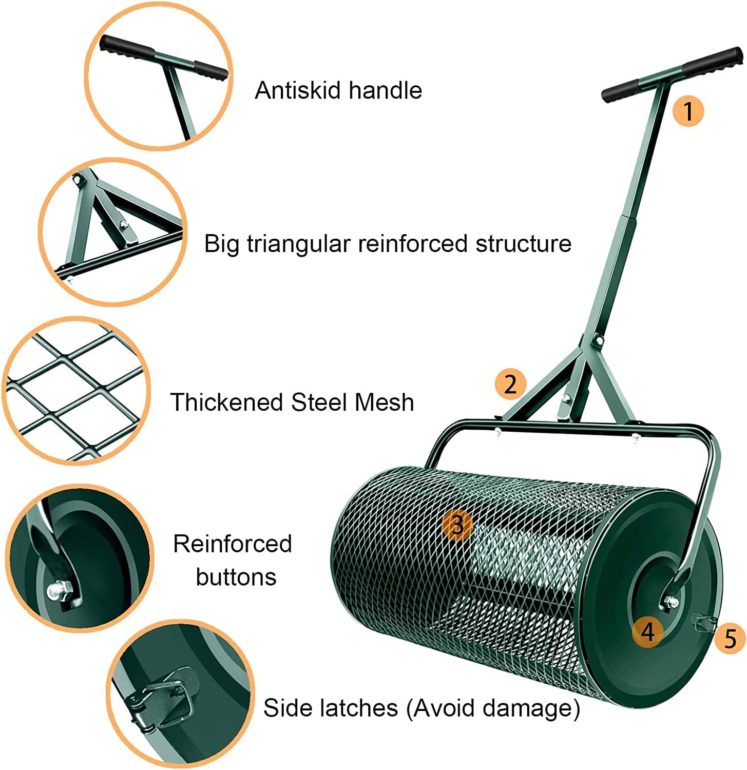 Lawn & Garden Spreader, Compost Spreader with Upgraded Side Clasps, 27 Inch Peat Moss Spreader and Compost Spreader, Heavy Duty Metal Mesh Basket Push Spreader