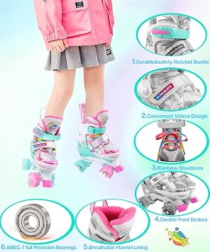 Unicorn Rainbow Kids Roller Skates for Girls Boys Toddler Ages 3-12, Adjustable Beginner Profession Kids Quad Skates, Children's Rollerskates for Birthday Xmas Gifts