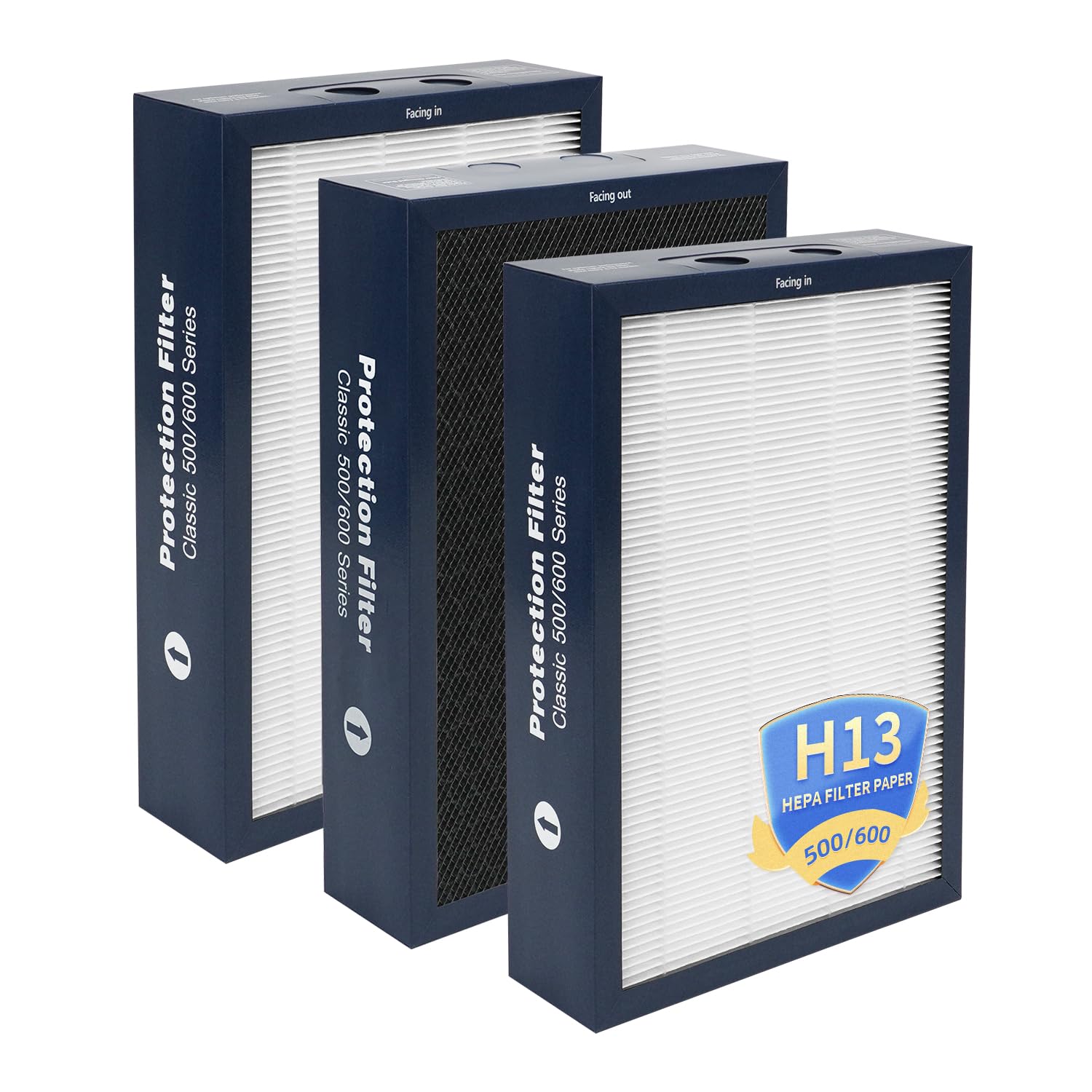 500/600 Series Replacement Filter Compatible with Blueair Classic 501, 503, 601, 505, 603, 650E, 550E, 555EB, 605, 580i, 680i Air Purifiers, Dual Protection H13 True HEPA and Activated Carbon(3-Pack)