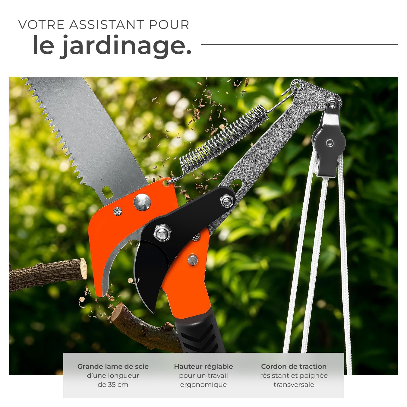 tectake® Coupe branche telescopique 2en1 Secateur et Scie à élaguer, Extensible 161-258 cm, Hauteur de travail max. 4m avec poignée de tirage, Elagueuse sur perche Taille haie Outils jardinage