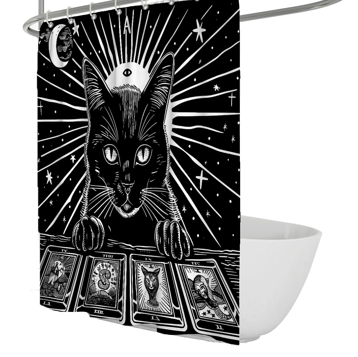 UERWOWELL Mystic Black Cat Art Shower Curtain Black White Gothic Shower Curtain Occult Moon Star Bath Curtain for Bathroom Decor Waterproof Fabric W180xL200 cm