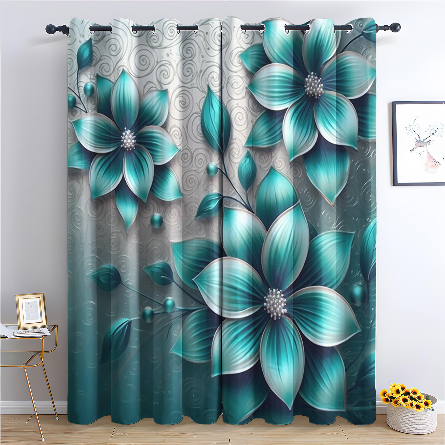 QEODAH Teal Floral Blackout Curtains for Bedroom - Turquoise Flower Luxury Living Room Curtains 66x72 Eyelet - Soft Thermal Insulated Patterned Drapes for Windows - 2 Panels