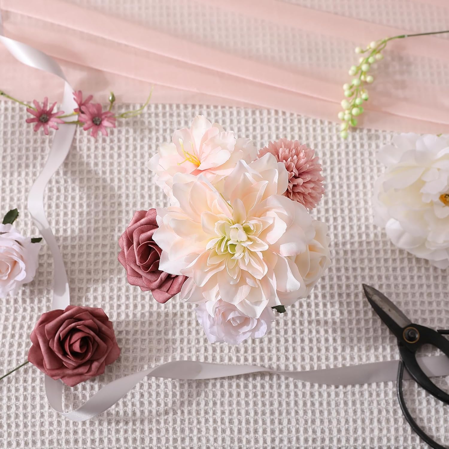 Garisey Artificial Flowers Combo, Mix Silk Flowers Roses, Peonies, Dahlias with Stems for DIY Wedding Bridal Bouquets, Baby Shower, Table Centerpieces, Home Decor, Fake Floral Arrangements-Blush Pink