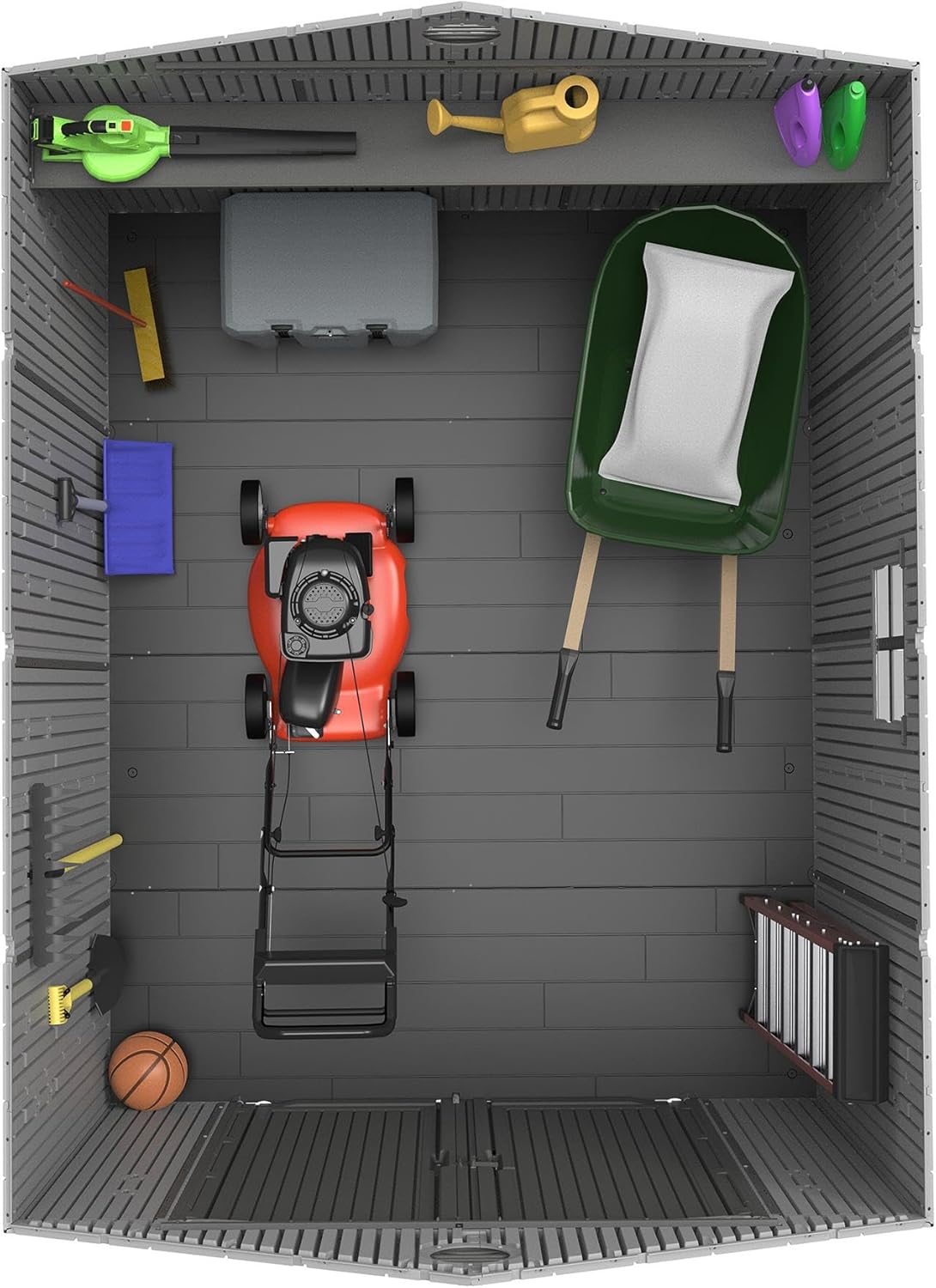 Overhead view of shed interior with items