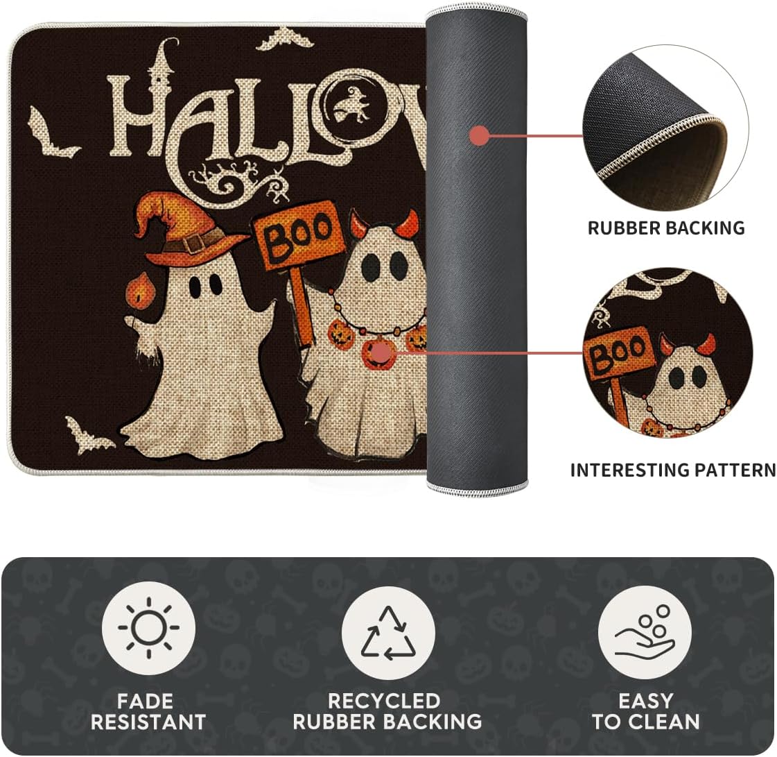 Artoid Mode Ghost Pumpkin Bat Black Halloween Kitchen Mats Set of 3, Black Home Decor Low-Profile Kitchen Rugs for Floor - 17"x29"+17"x36"+17"x47"