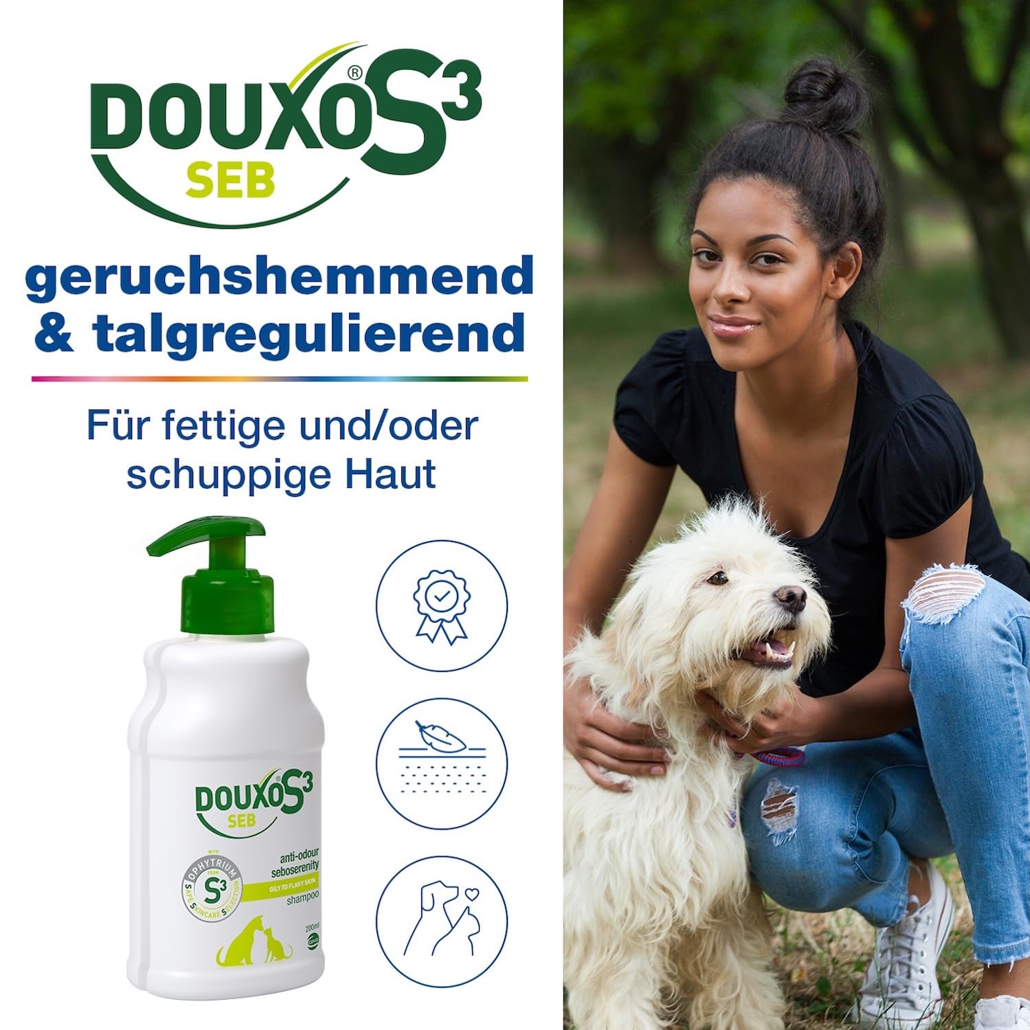 DOUXO S3 SEB Shampoo | für Hunde & Katzen | Beruhigende Schuppenlösung bei fettiger Haut | Effektive Pflege gegen Schuppen & Dermatitis | Hypoallergener Duft | 200 ml