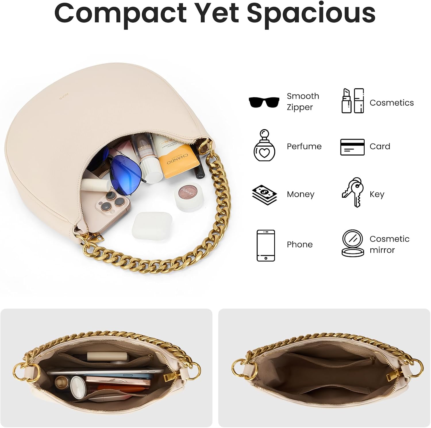 Crescent Shoulder Bag for Women, Small Purse Hardware Chain Leather Handbag