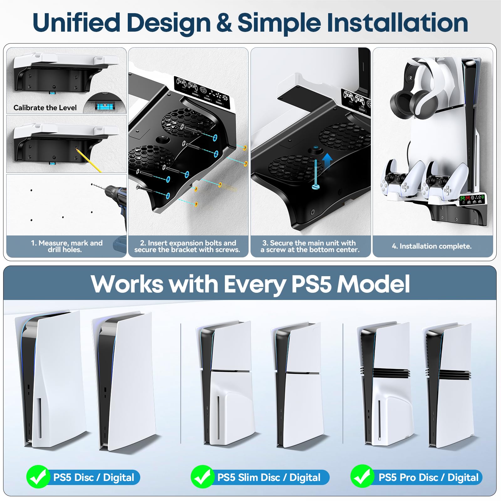 Kosker Supporto da Parete PS5 con Ventola di Raffreddamento a 3 Velocità, Support Muro PS5 con Caricatore Controller per P5/Slim/Pro Disc & Digital, Supporto Verticale P5 con Gancio per Cuffie