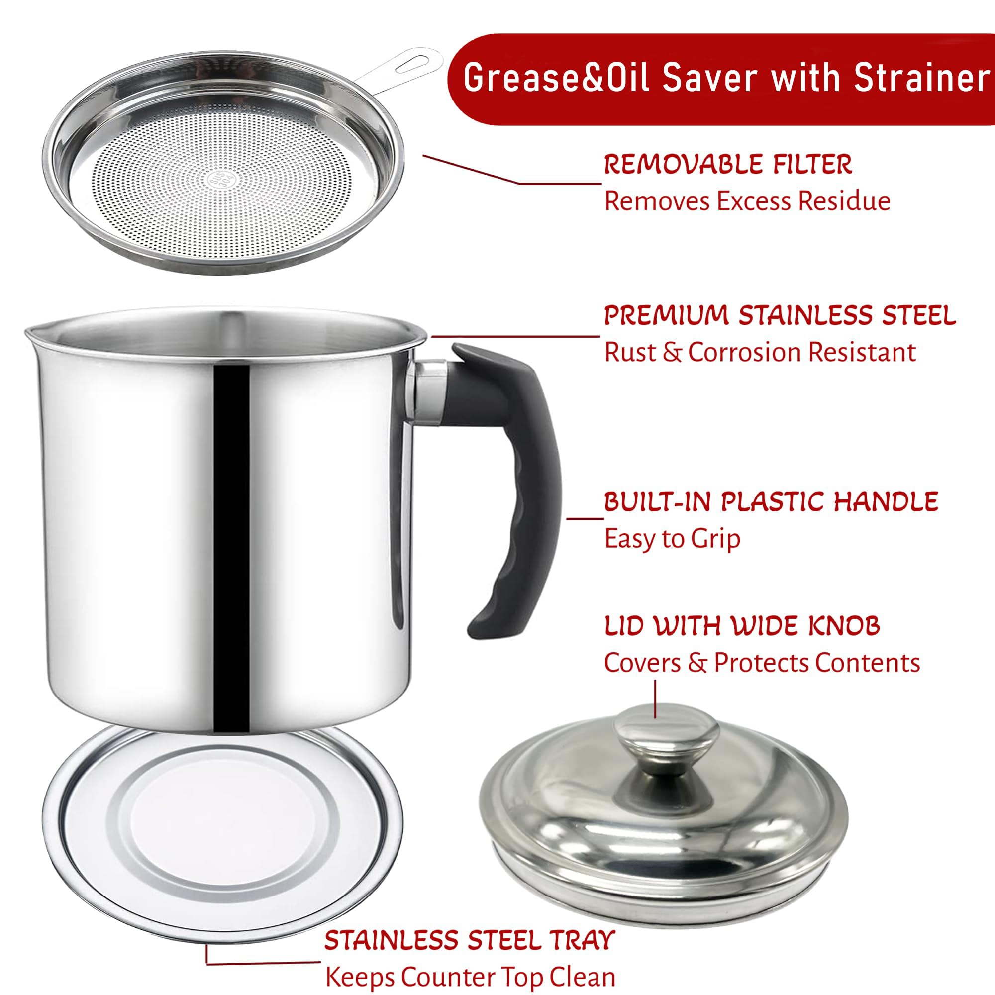 Generic Bacon Grease Saver with Strainer - With Food-Grade Silicone Spatula and Bottom Tray, 44oz Stainless Steel Fat Cooking Oil Filter Container for Home Kitchen Storage of Fryer Oil (44OZ/1.3L)