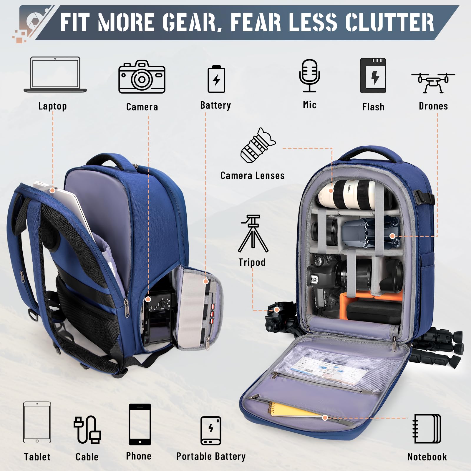 RAINSMORE Zaino per fotocamera DSLR/SLR Borsa per fotocamera con copertura antipioggia per fotografi Zaino impermeabile per laptop professionale