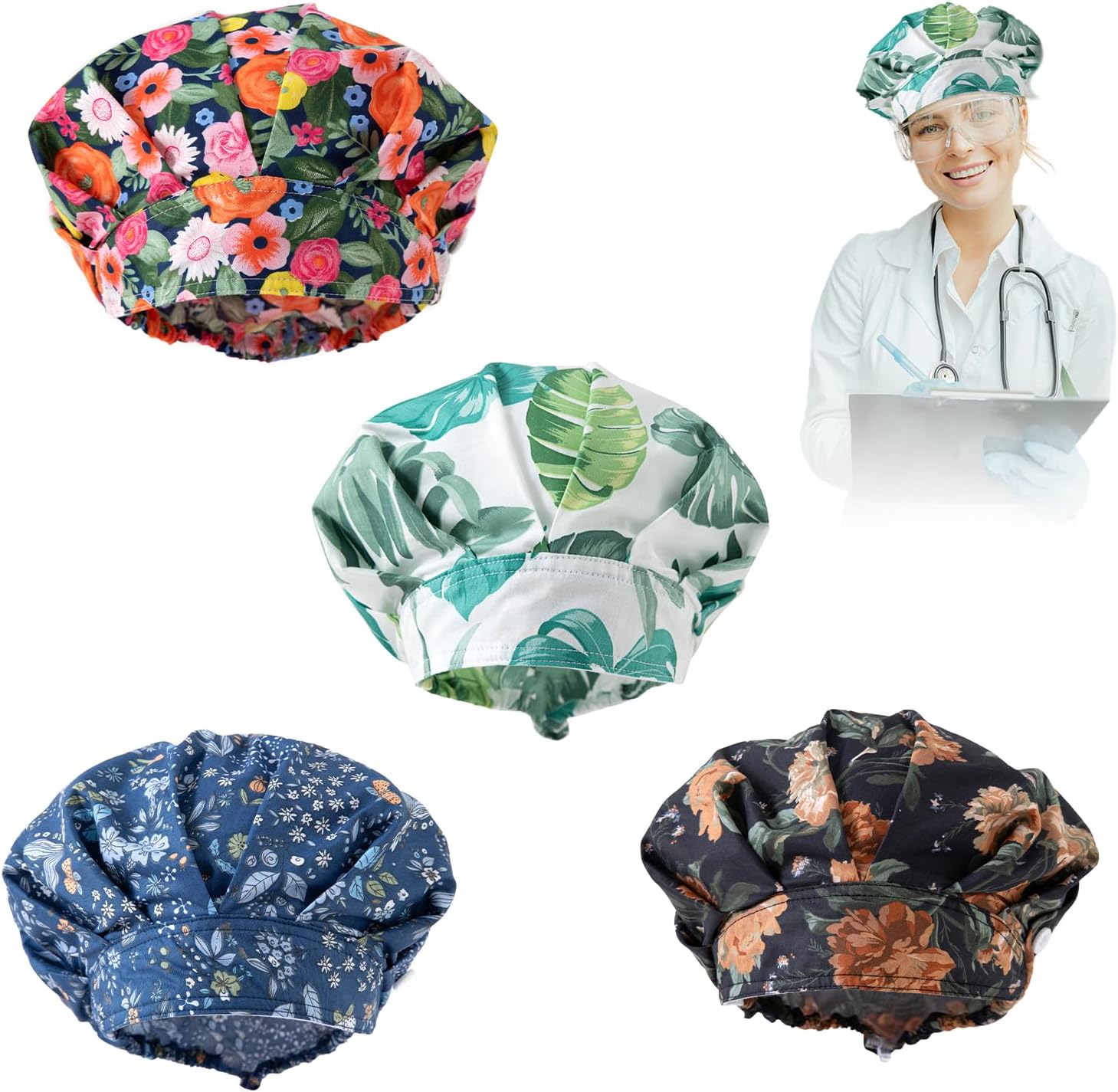 4 Pcs Scrub Hats Women,Bouffant Caps with Sweatband,Adjustable Nurse Caps for Women Men,Working Hats Surgical Nurse Chef Waiter Hat