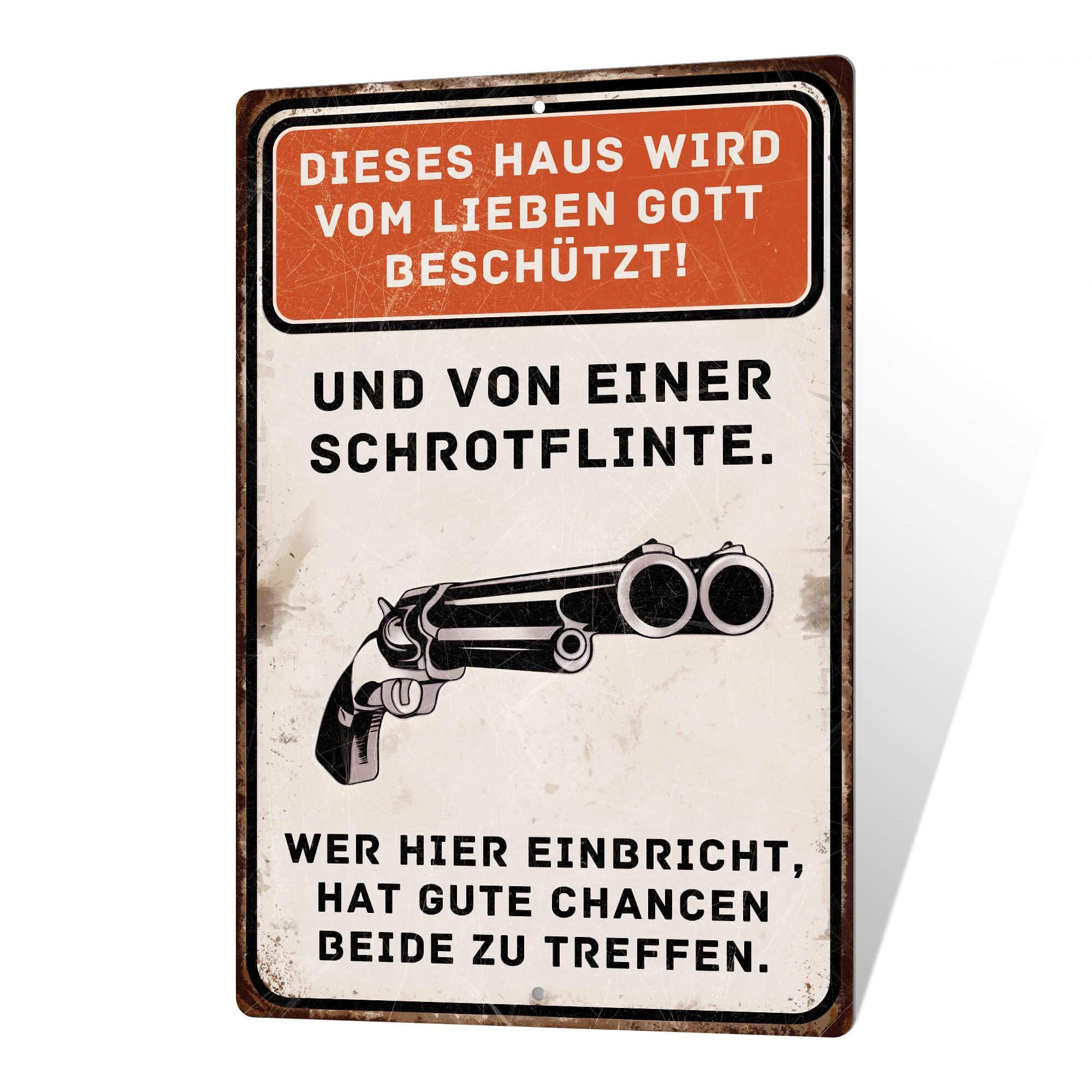 Putuo Decor Blechschild – Dieses Haus wird von Gott und Schrotflinte beschützt – Witziges Warnschild