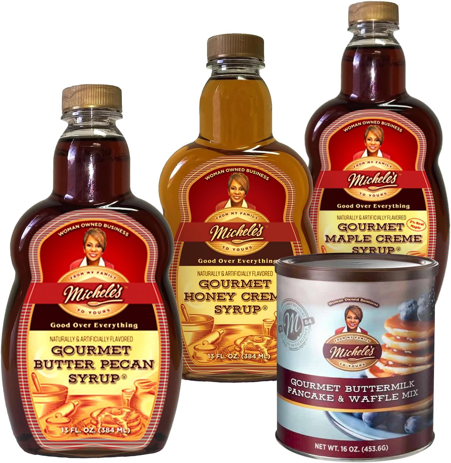 - Michele’s Breakfast Bundle – Buttermilk Waffle & Pancake Mix (16 oz) + Gourmet Syrup Variety Pack (Maple Crème, Honey Crème, Butter Pecan) | Perfect Breakfast & Foodie Gift