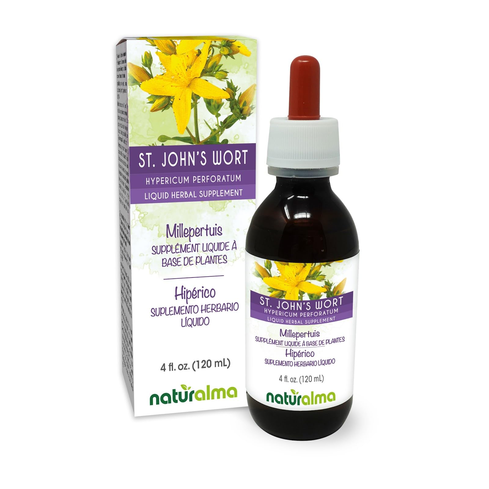 Naturalma St. John's Wort (Hypericum perforatum) herb with Flowers Alcohol-Free Tincture - 4 fl oz Liquid Extract in Drops - Herbal Supplement - Vegan 4 Fl Oz (Pack of 1)