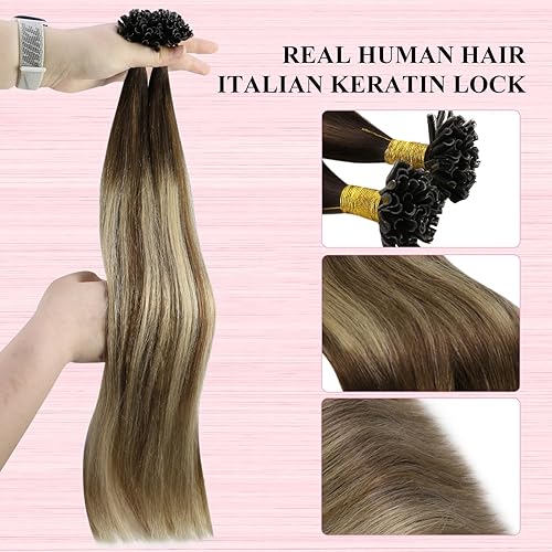 Miniatura 3 de YoungSee Extensiones de cabello balayage con puntas en U, color marrón oscuro, ombré, marrón claro y rubio claro, balayage, con punta en U,