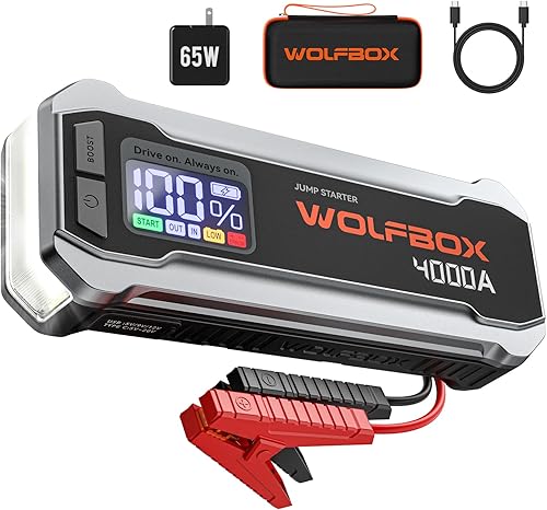WOLFBOX MV24 - Arrancador de salto de 4000 A, paquete de refuerzo de coche de 12 V con cargador rápido de 65 W, pantalla LED, batería de arranque