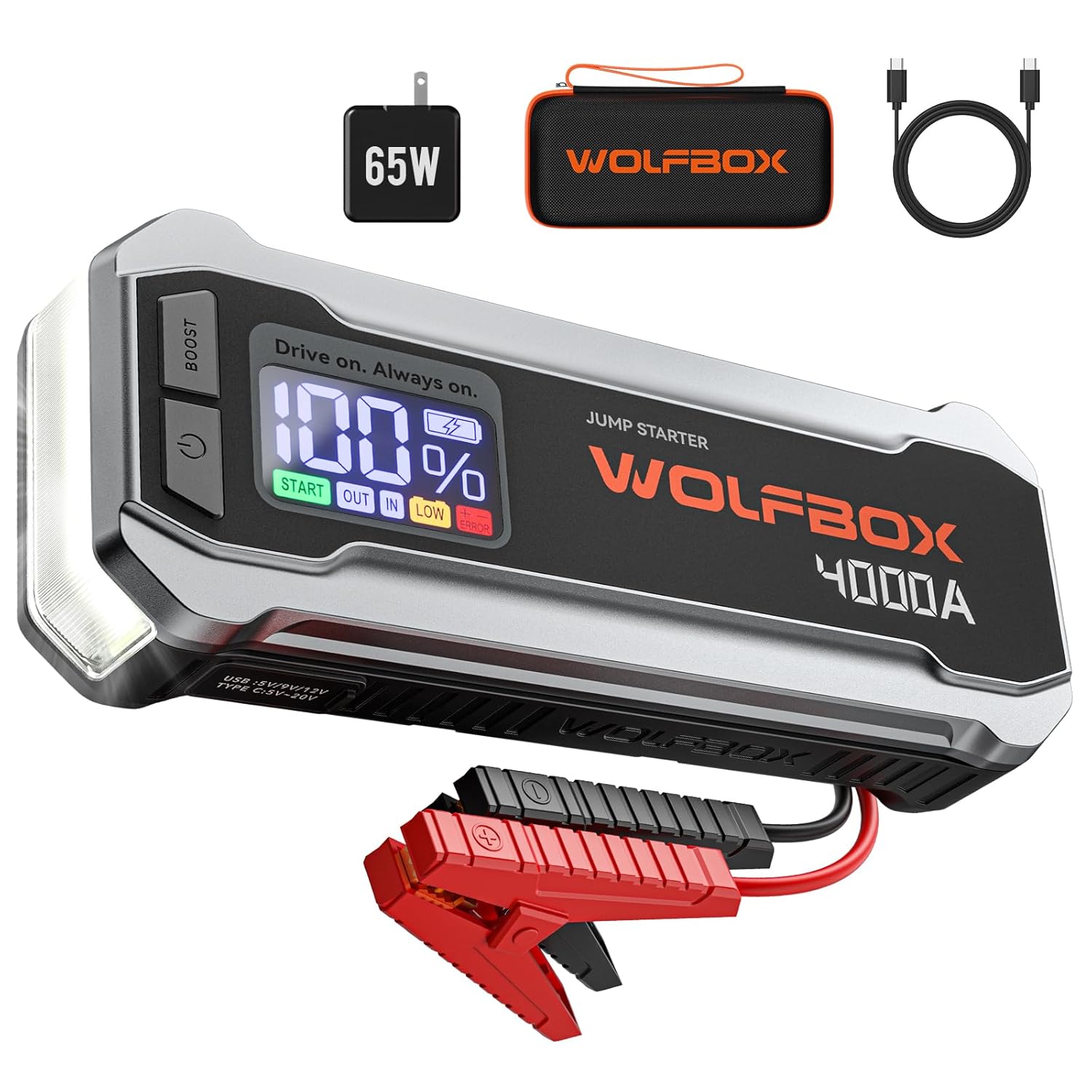 WOLFBOX MV24 4000A Jump Starter 12V Car Booster Pack with 65W Quick Charger LED Display 88 8Wh Portable