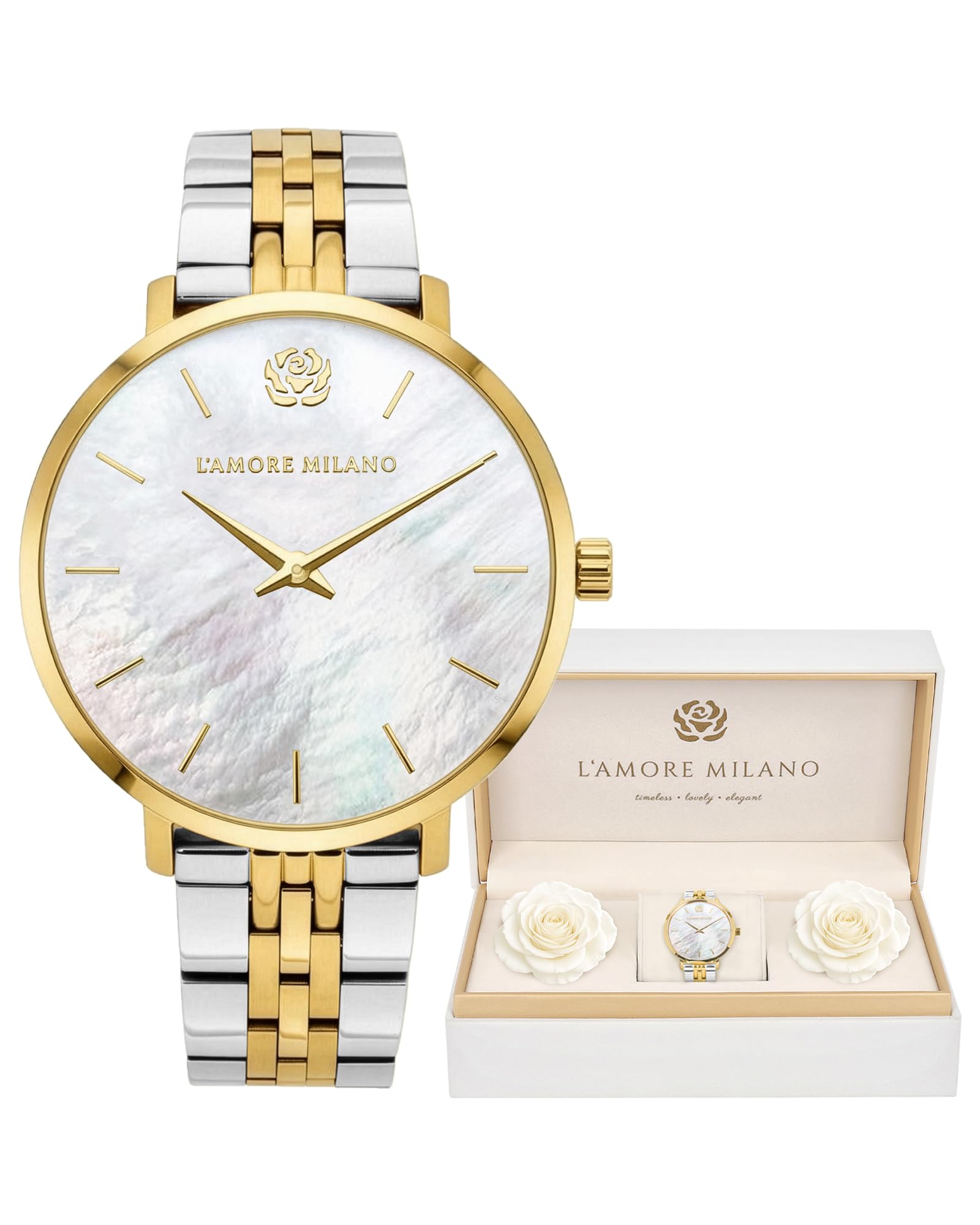L'AMORE MILANO Damenuhr Rosenbox - Hochwertige Armbanduhr Edelstahl mit luxuriösem eckigem Design, wasserdicht 5 ATM - Edles Geschenk für Frauen, Freundin, Mutter - 36mm Damen Uhr