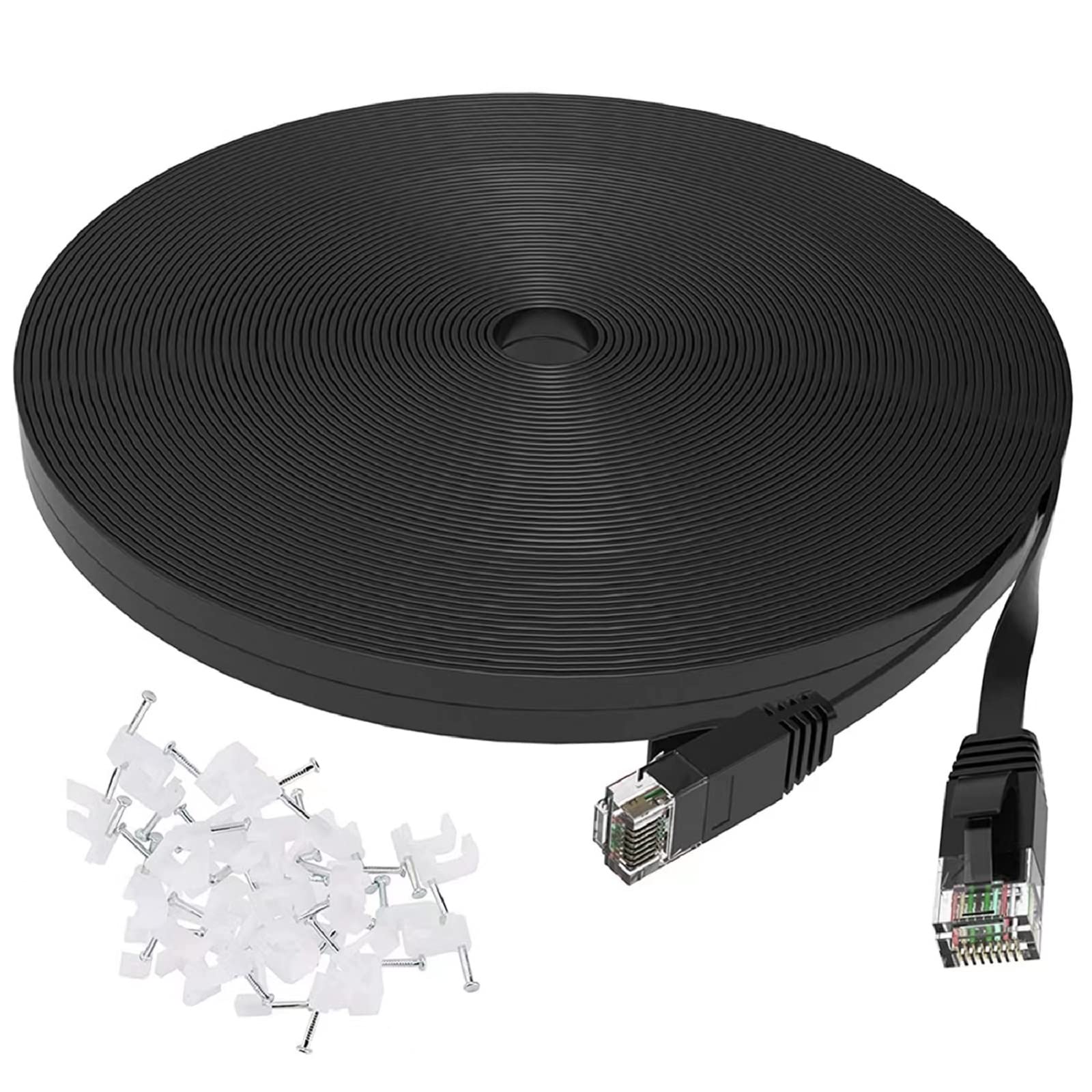 HEPUHTOCat6 Ethernet Cable 50 FT Flat Black, Long High Speed Internet Cable with Clips and Straps, LAN Patch Cords with RJ45 Connectors for Modem, Router, Faster Than Cat5e/Cat5