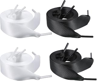 4 Pairs Ribbon Shoe Laces, 47" Flat Satin Shoelaces for Women Girls 2cm Wide Silk Shoe Strings for Sneaker Skate Shoes Boots Sport Shoes DIY Decor (White, Black)