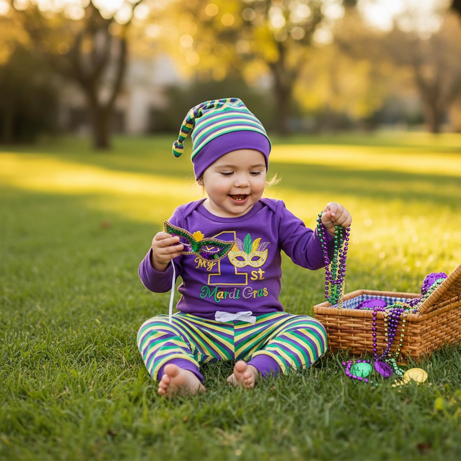 YOKJZJD 3Pcs Newborn Baby Boy Girl My 1st Mardi Gras Outfit Long Sleeve Romper Bodysuit Pants Hat Set Fall Clothes - Image 2