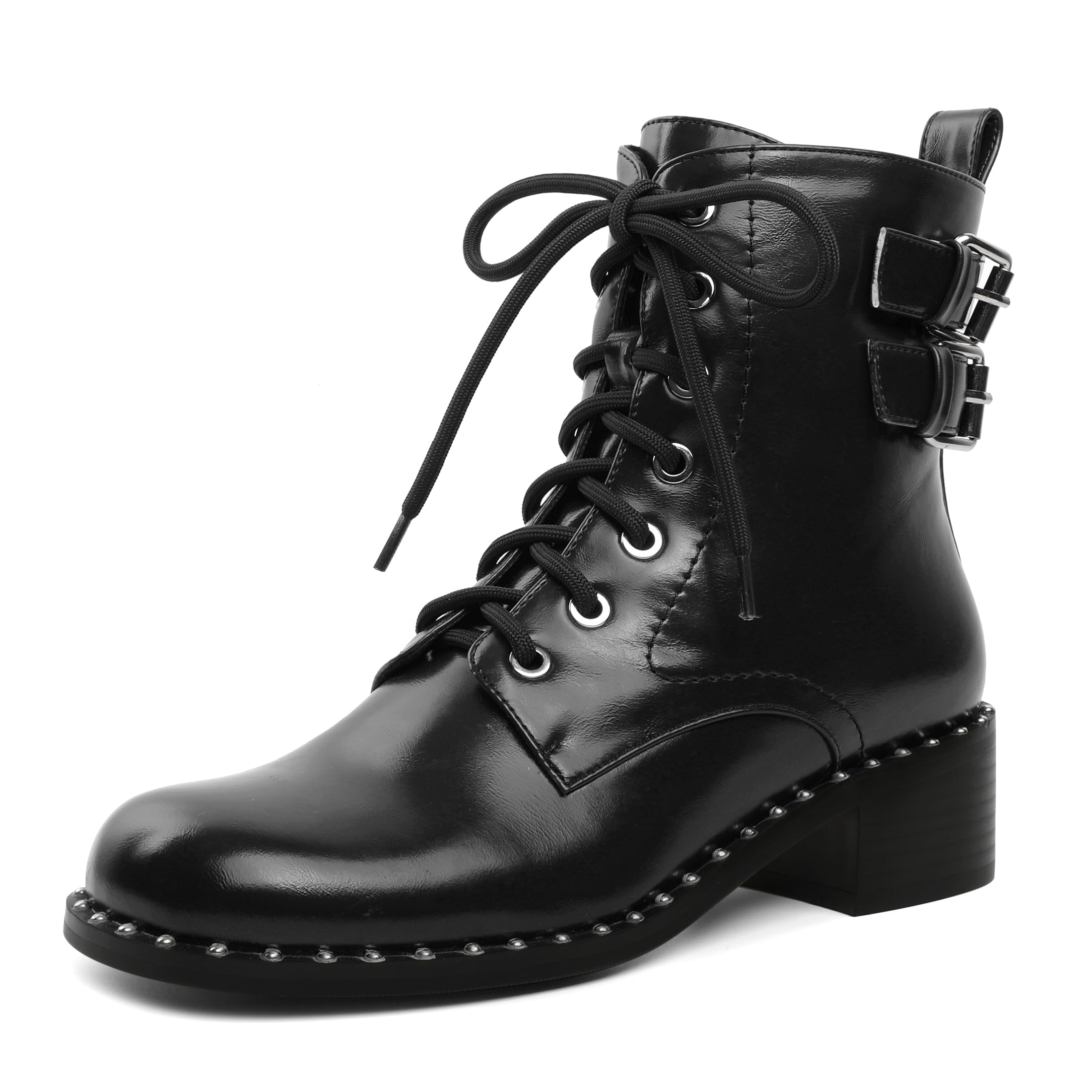 Womens Chunky Combat Boots Lace Up Ankle Booties with Buckle Straps Studded Low Block Heel Casual Short Boots
