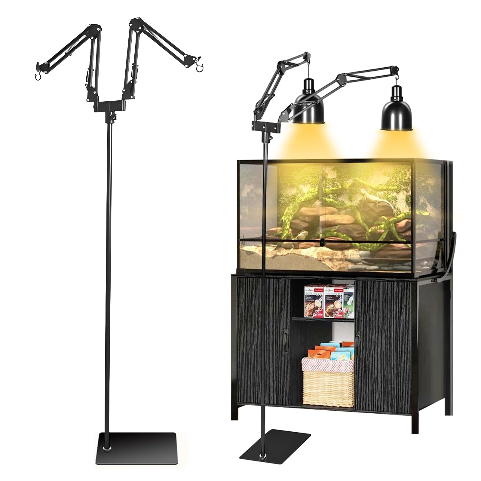 Soporte de Lámpara de Reptiles, Altura Ajustable 40-160CM, Rotación de 360°, Soporte de Luz de Suelo Telescópico de Reptiles con 2 Ganchos para Tortugas, Ciempiés y Arañas