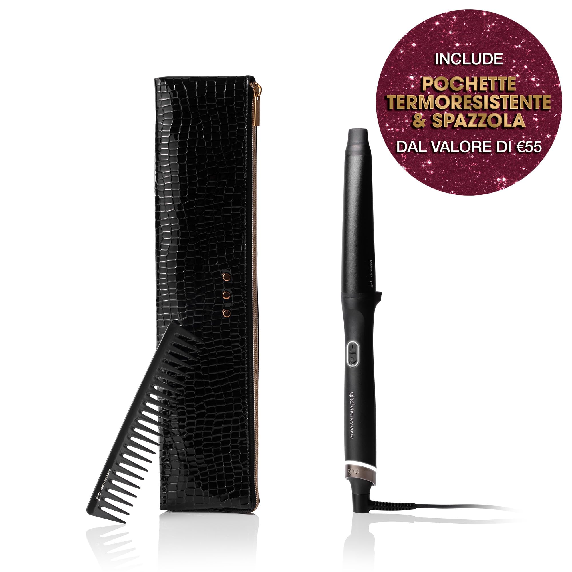 ghd Set Regalo Chronos Curve Conical Wand, Include Ferro Arricciacapelli, Pettine Antistatica e Custodia Termoresistente, Beach Waves Durature e 50% più Lucenti, Senza Danni da Calore, Spina EU
