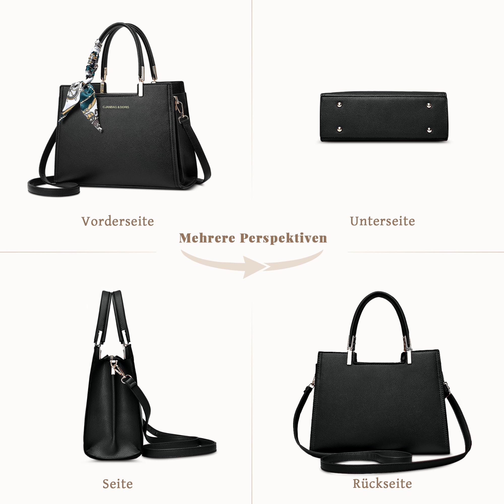 Damen Handtasche Elegant, Henkeltasche Mittelgroß PU Leder Taschen für Damen, Umhängetasche mit Dekorativem Band für Arbeit und Alltag Schwarz