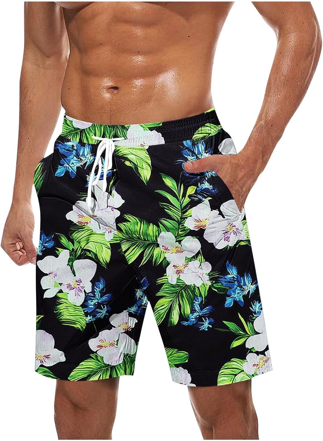 Men Swim Trunks Summer Beach Casual Shorts Hawaiian Print Lace up Elastic Waist 5''Pant Crop Sweatpant with Pocket