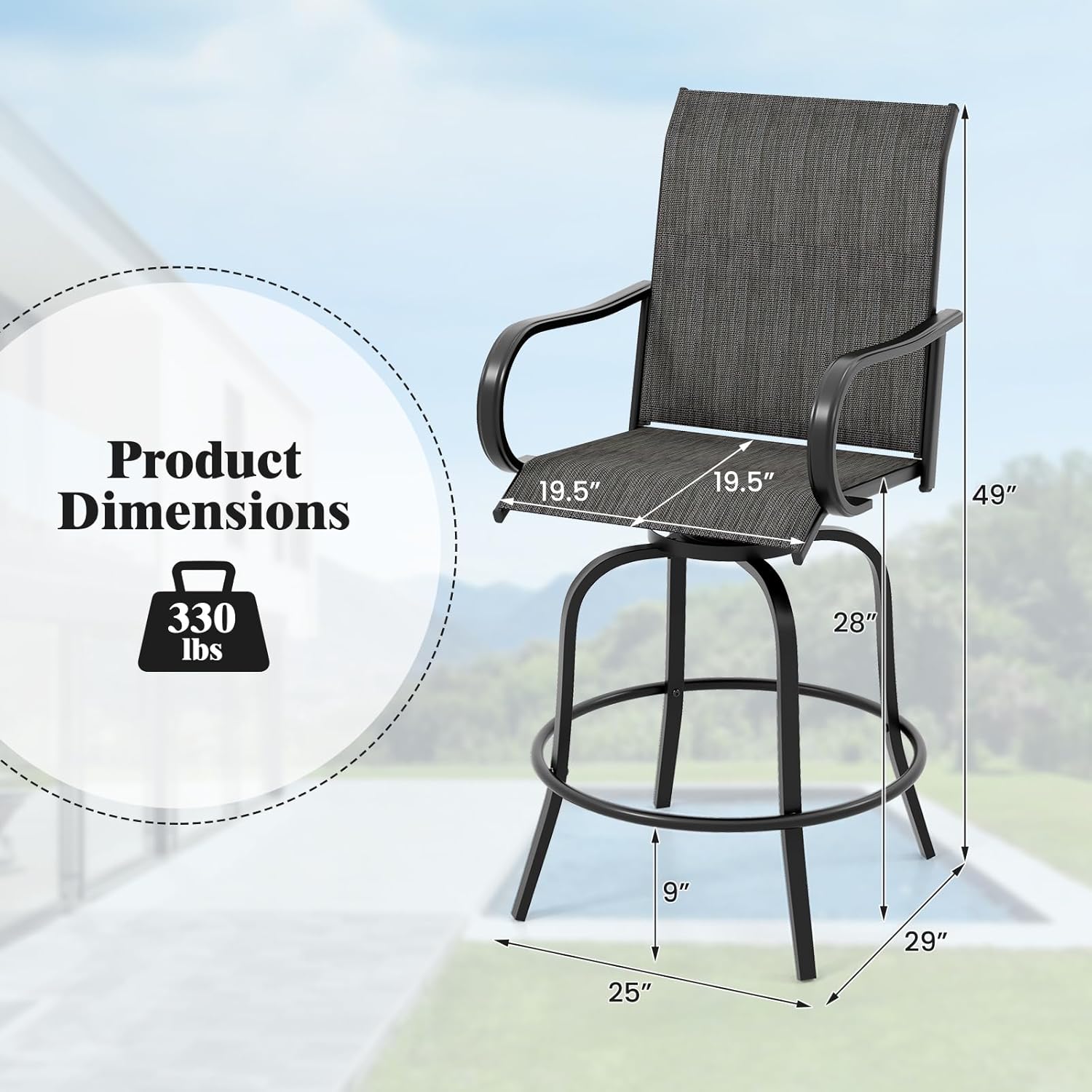 Tangkula Outdoor Swivel Bar Stools Set of 2, Bar Height Tall Patio Chairs with Armrests & High Back, Cozy Footrest & Solid Metal Support, High Top Bar Chairs for Backyard, Balcony, Poolside (1, Black)