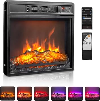 ROVSUN 18" Electric Fireplace Inserts with APP & Remote Control, 1400W Recessed Stove Heater with 8H Timer, 6 Flame Colors, 5 Brightness for Indoor Use, ETL