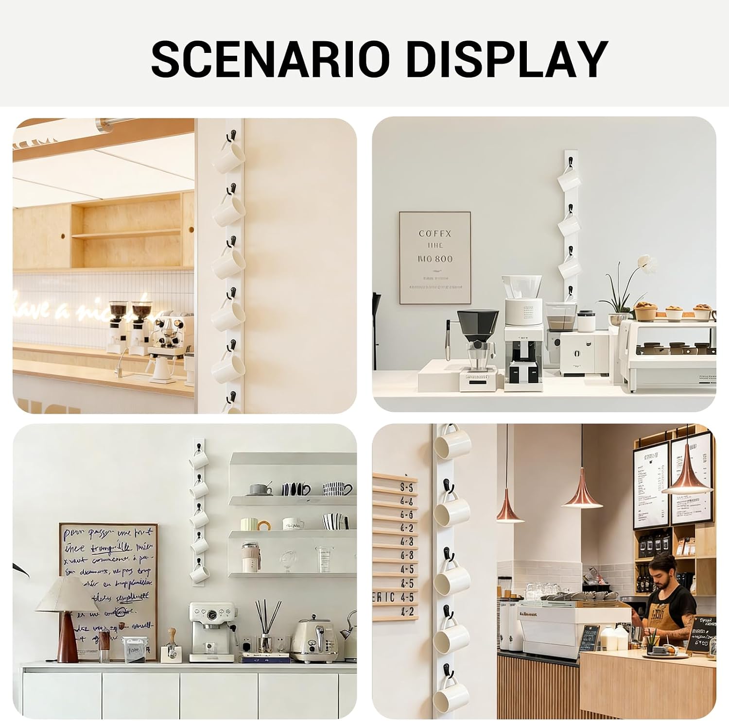 Vertical Wall Mounted Coffee Mug Rack, Wooden Coffee Mug Holder with 6 Hooks, Space-Saving Cup Organizer for Coffee Bar, Kitchen Wall & Rustic Home Decor (White)
