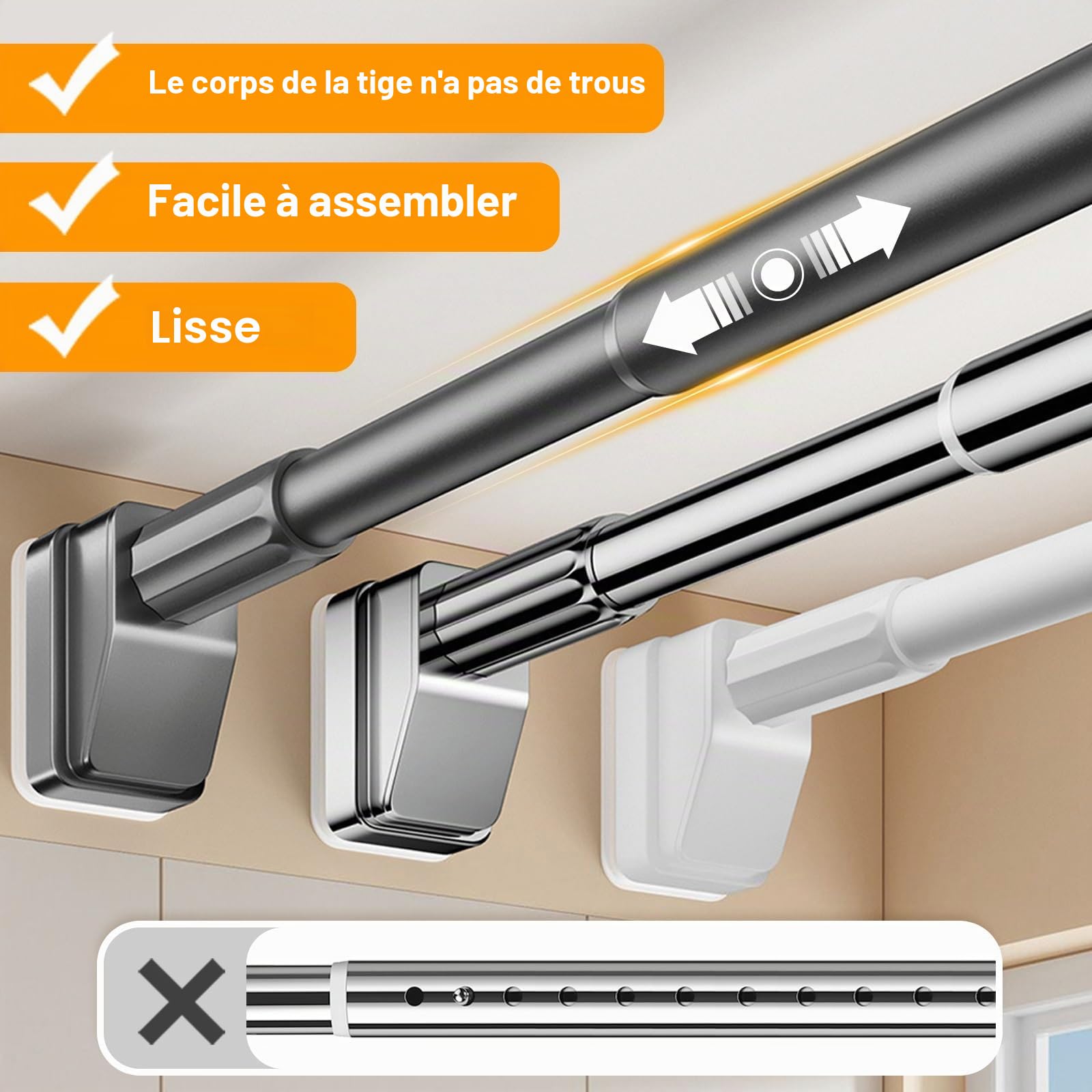 Tringle à Rideau de Douche Réglable 40-490cm, Tringle télescopique sans perçage, ne rouille jamais Tringle à rideau extensible pour rideaux de salle de bain et chambre à coucher(Noir,310-400cm)