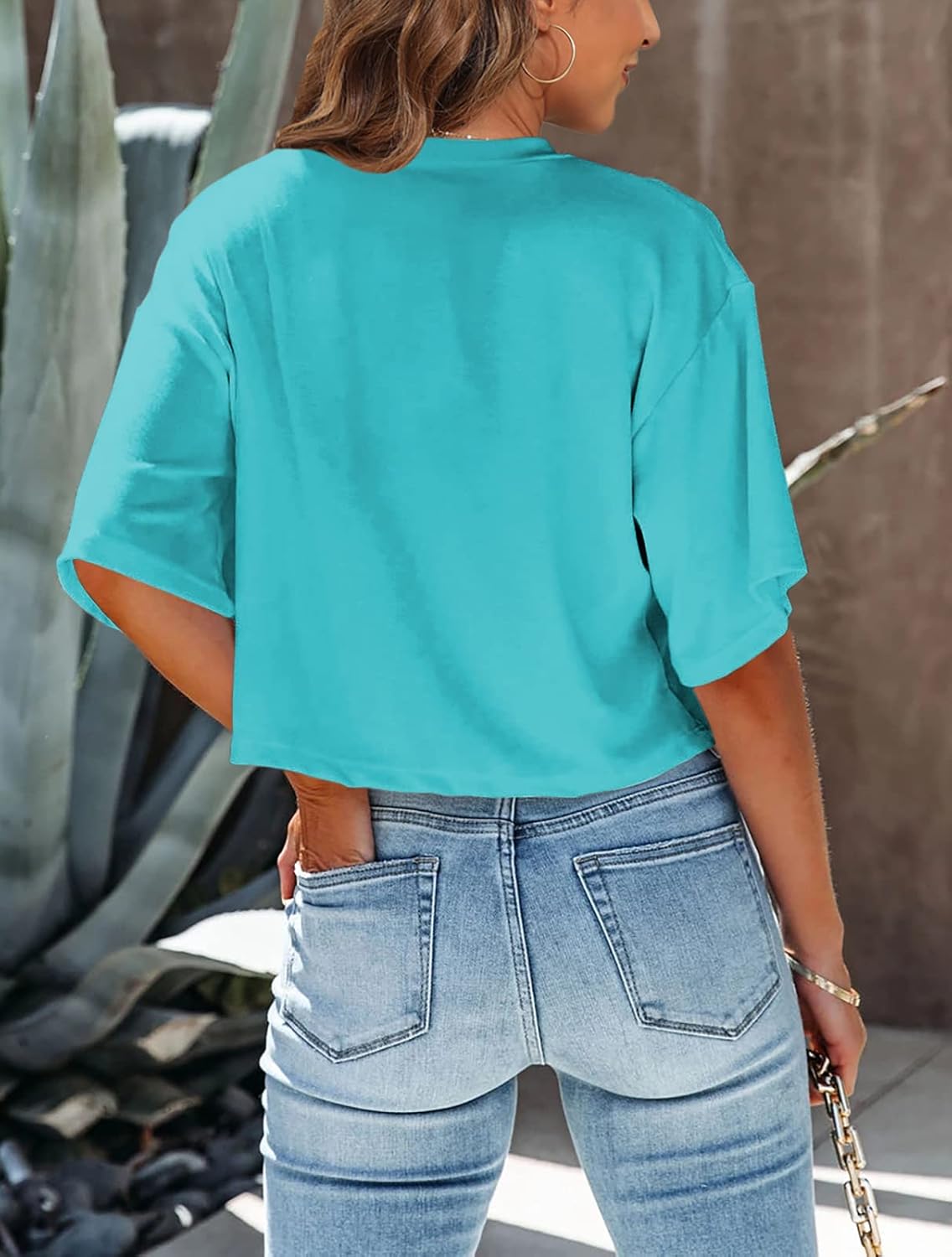 Tankaneo Women Half Sleeve Cropped T-Shirts Drop Shoulder Round Neck Crop Tops Casual Summer Solid Color Basic Tees - Image 3