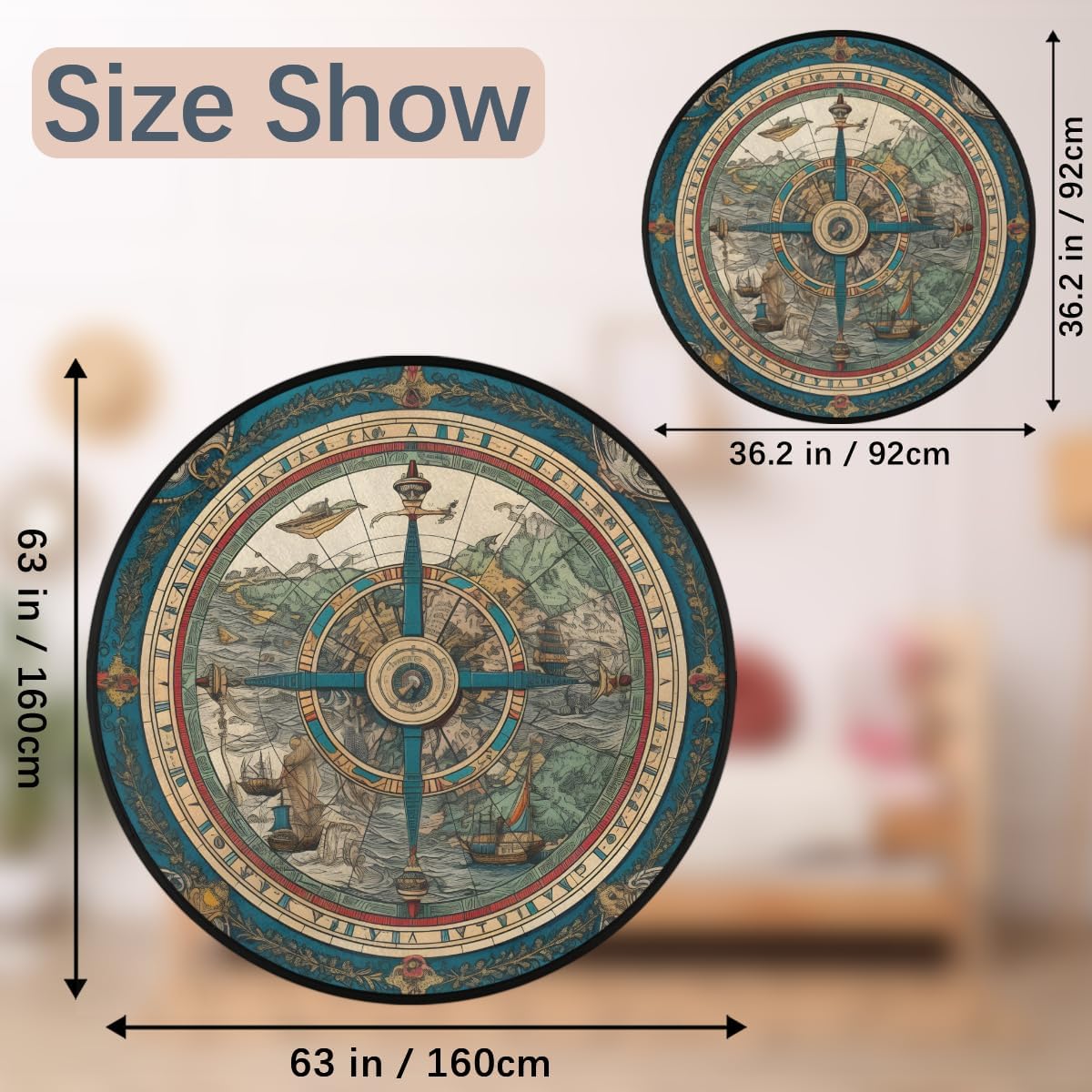 Round Area Rug 3 ft - Vintage Compass Washable Circle Rugs Non Slip Round Floor Mat - Soft Large Carpet for Living Room Nursery Bedroom Kitchen