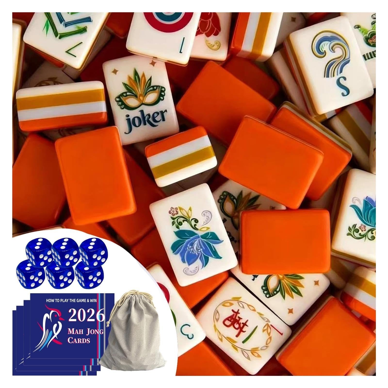 Mahjong acrilico set 160 tessere - gioco americano a 4 strati con sacchetto di dadi e guida in faesite(Orange)