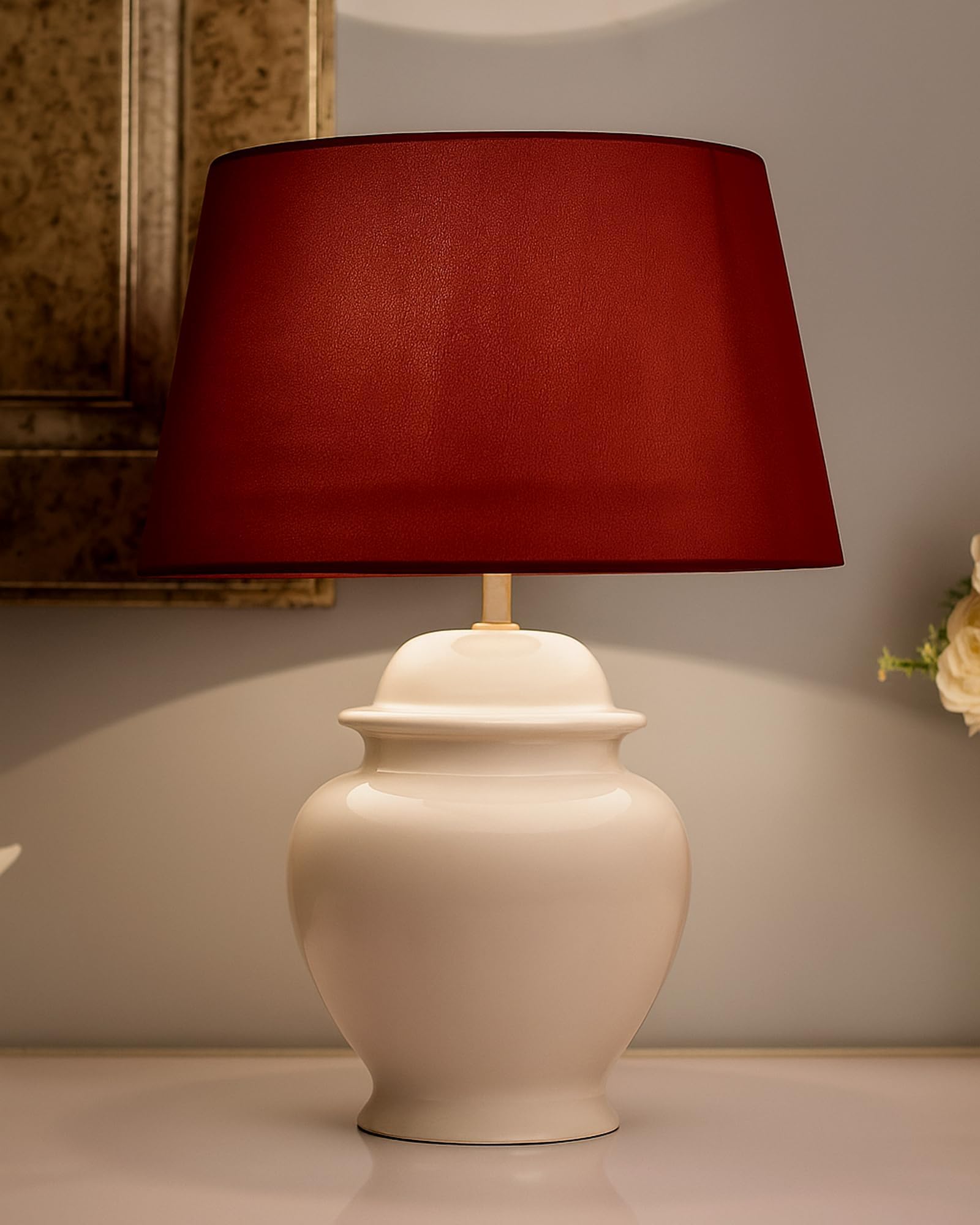 Homesake Antique Ceramic Pot Shaped Base Table Incandescent Lamp With Shade, Vintage Night Incandescent Lamp Decoration, Home Decor Items | Pack Of 1 -Red