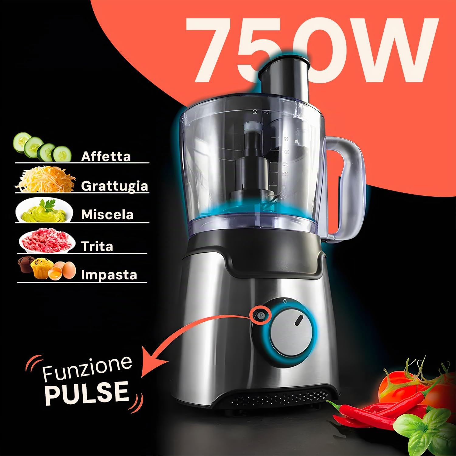 Avilia Robot Multifunzionale 7in1 750W con Boccale da 1,25L - Lame in Acciaio, 2 Velocità e Funzione Pulse - Tritare, Affettare, Grattugiare, Emulsionare, Impastare, Sminuzzare, Montare a Neve
