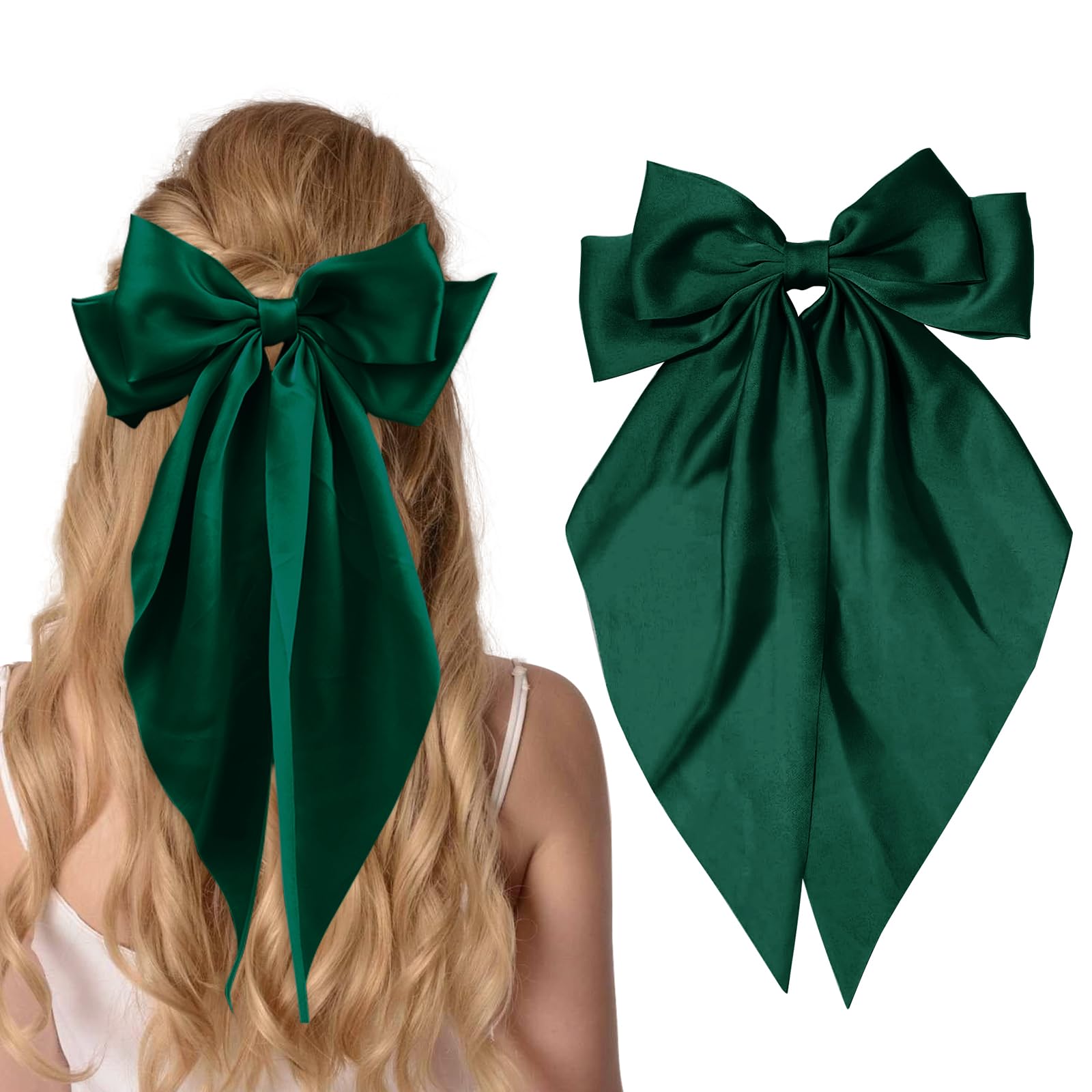 Pasadores grandes de satén para el cabello, lazos verdes para niñas, accesorios para el cabello, regalos para mujeres, pinzas para el pelo con lazo grande para Navidad con pasadores de lazo con clips