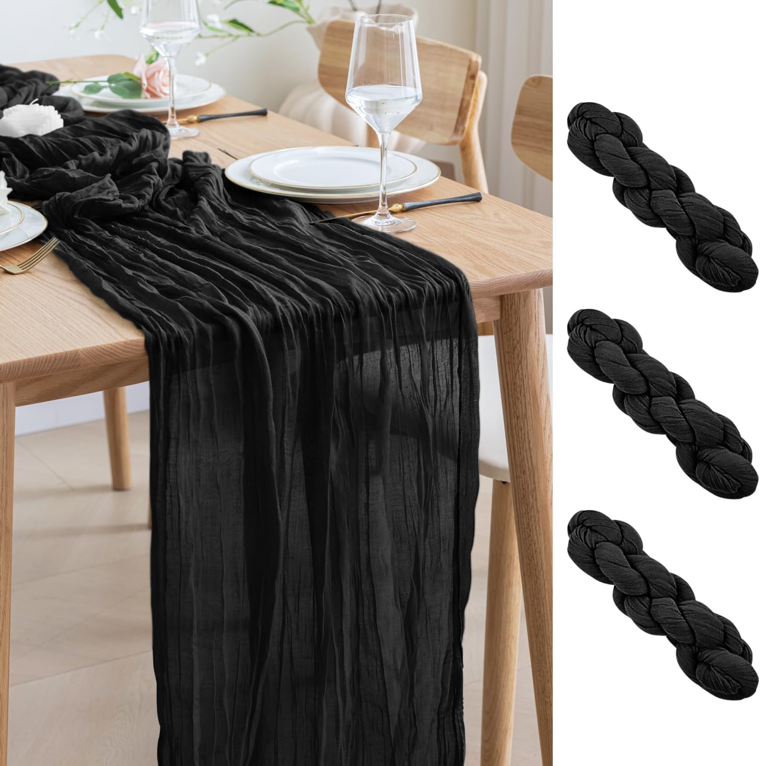 Asee'm 3pcs Cheesecloth Table Runner 120 Inches Long Black Boho Gauze Cheese Cloth Runner 10FT Rustic Sheer Table Runners for Christmas Wedding Party Baby Shower Spring Easter Decoration 3 PACK Black