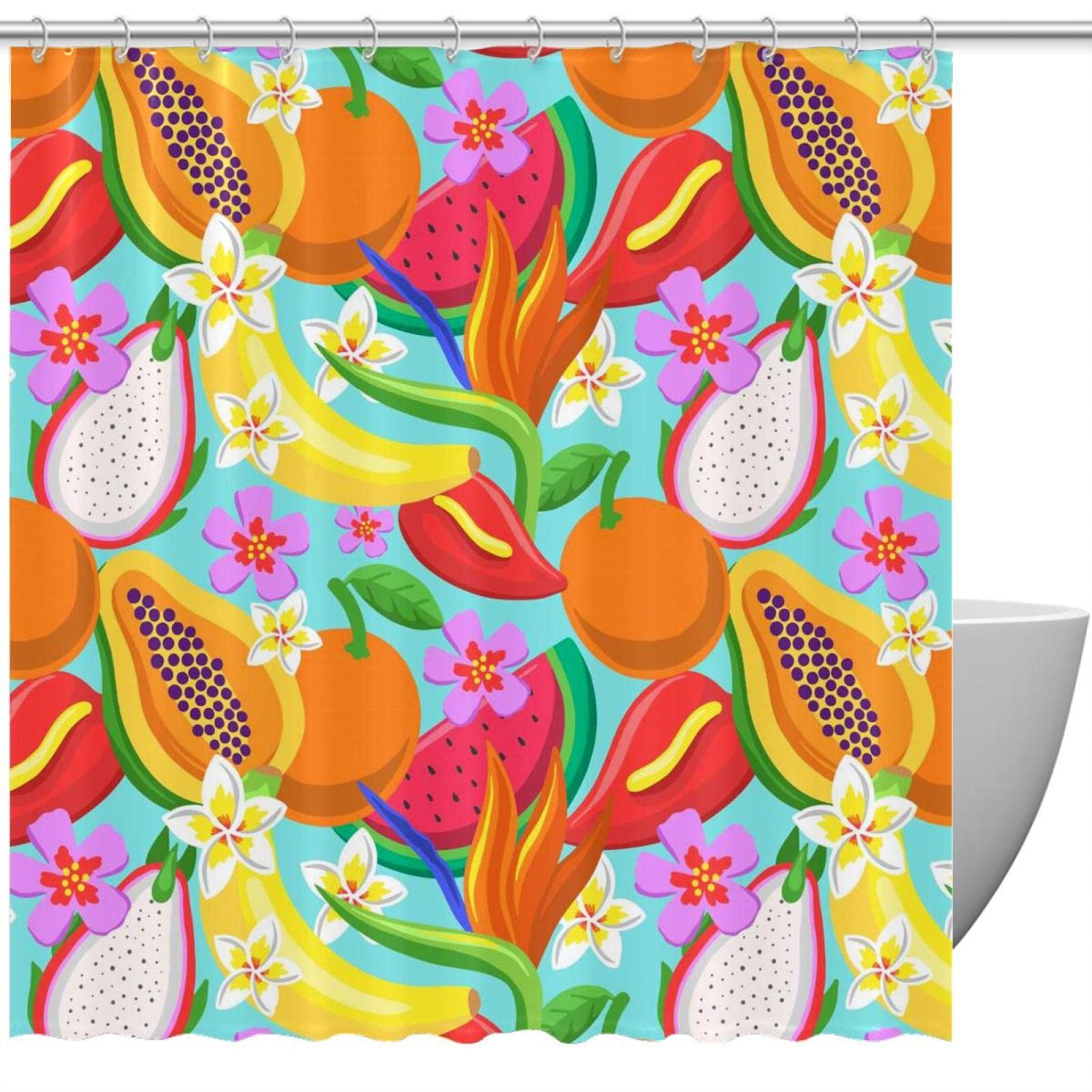 Rideau de douche fruits tropicaux 183 cm pour salle de bain colorée