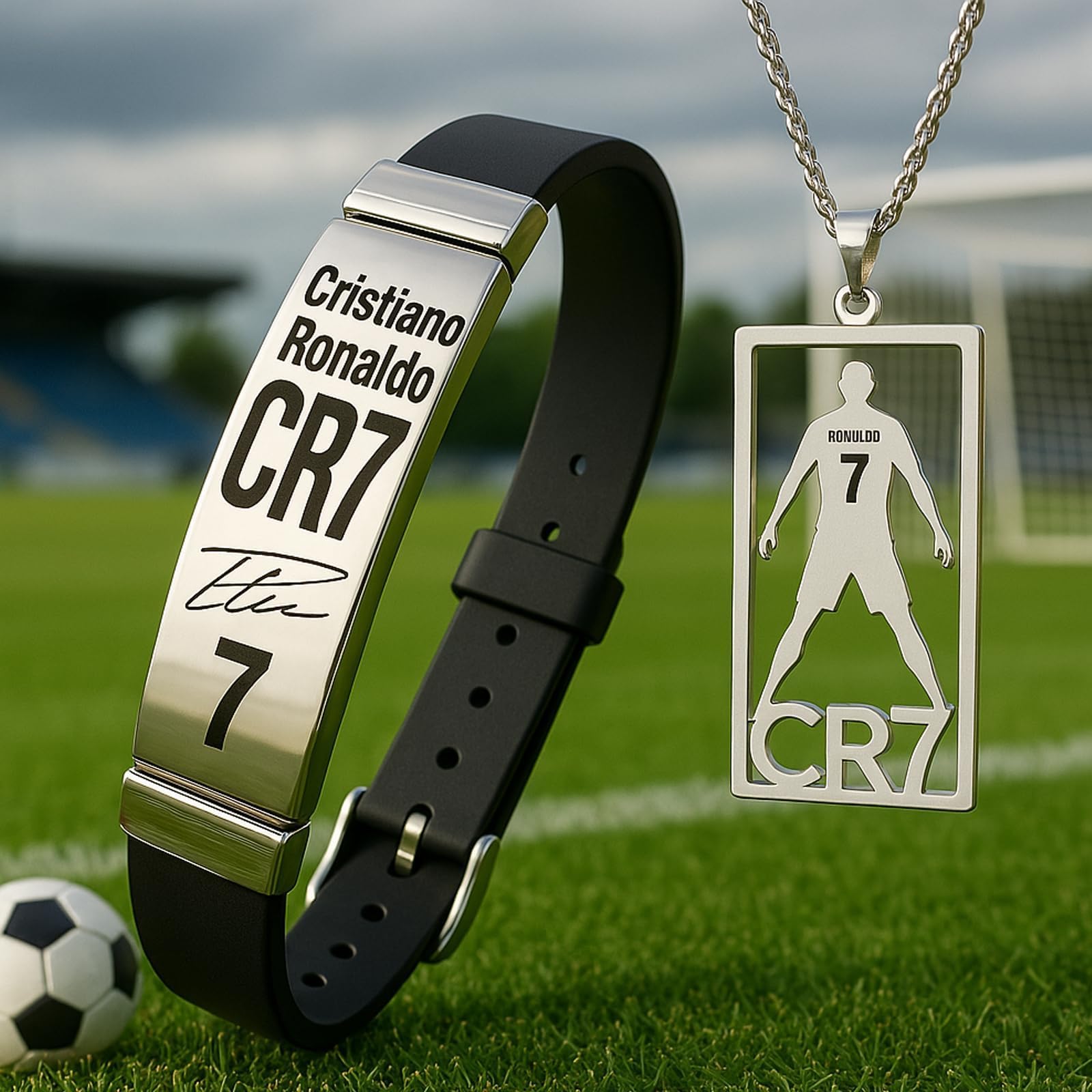 Juego de accesorios de fútbol 3 piezas CR7, pulsera, collar y llavero, elegante y sencillo