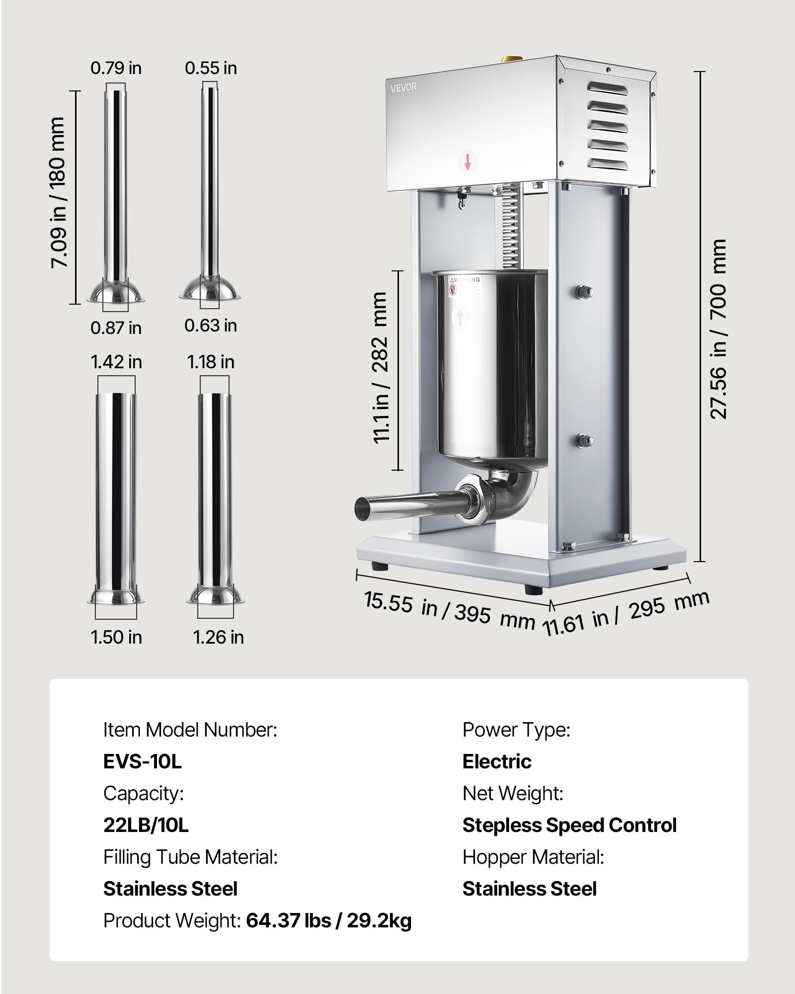 VEVOR Embutidora Eléctrica de Salchichas Capacidad de 10 L, Embutidora Vertical de Acero Inoxidable con Ajuste de Velocidad Continuo, Pedal y 4 Tubos de Llenado, para Restaurante, Supermercado